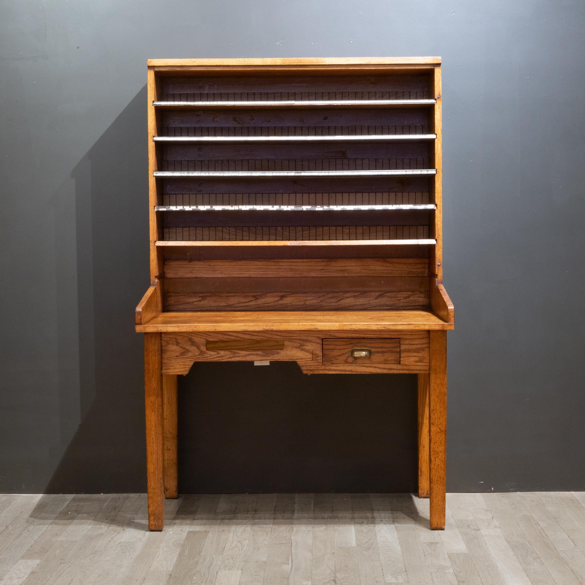 Antique Solid Oak Slotted Postal Sorting Desk, circa 1939 For Sale at