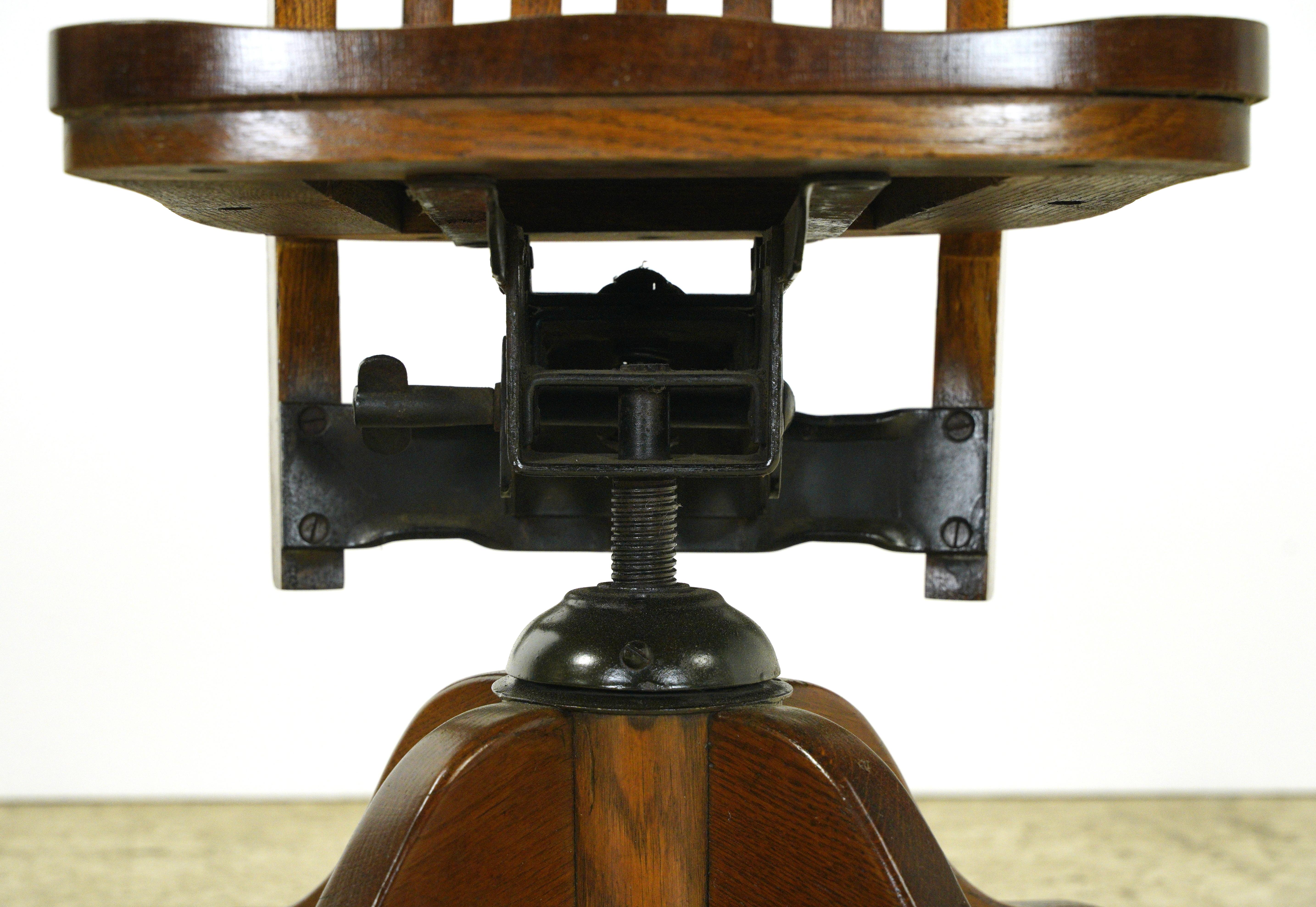 20th Century Antique Solid Oak Swivel Adjustable Desk Office Chair