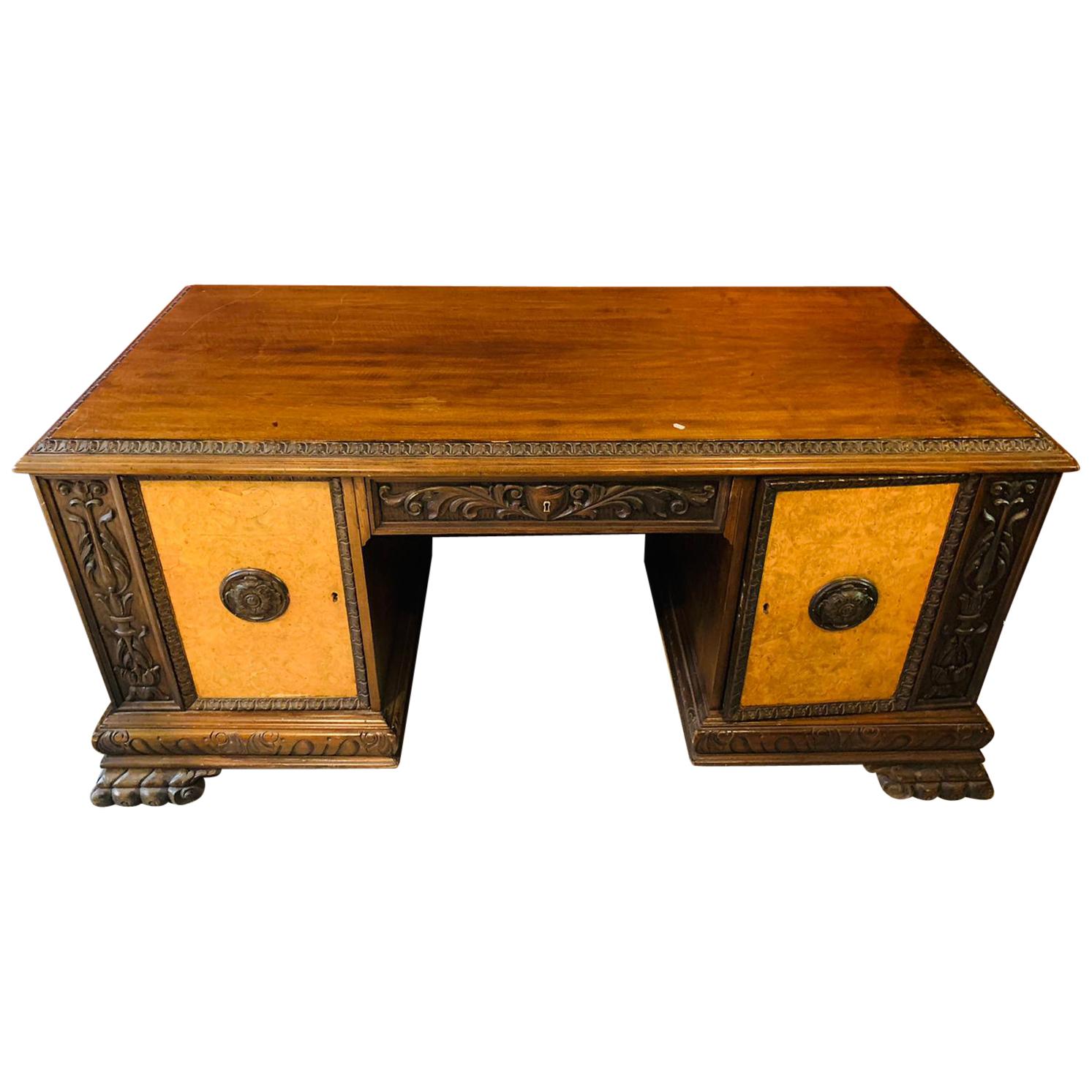 Antique Solid Oak Wood Desk with Lion Paws antique Around 1900
