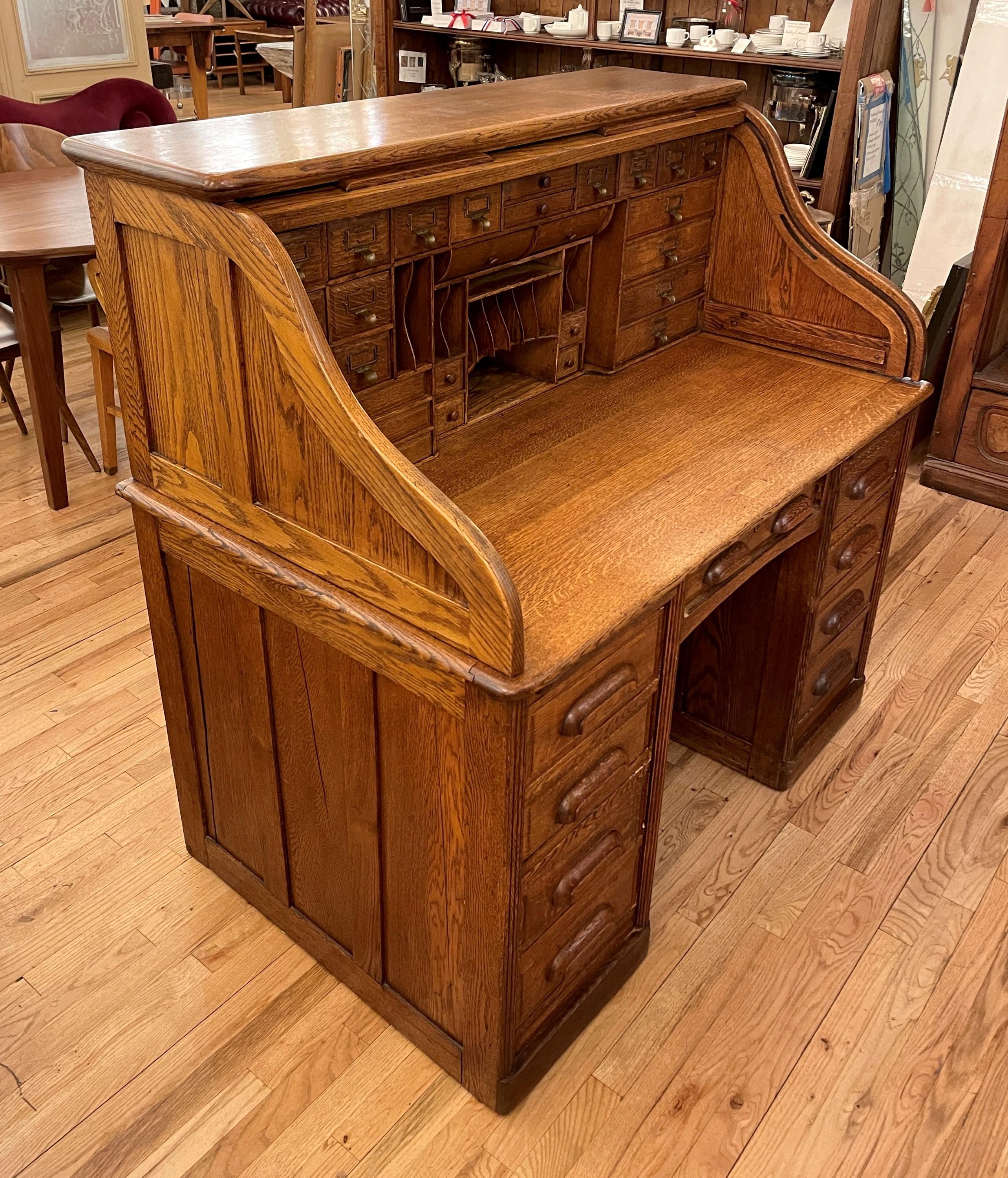 Industrial Antique Solid Oak Wood Roll Top Desk w/ Many Drawers