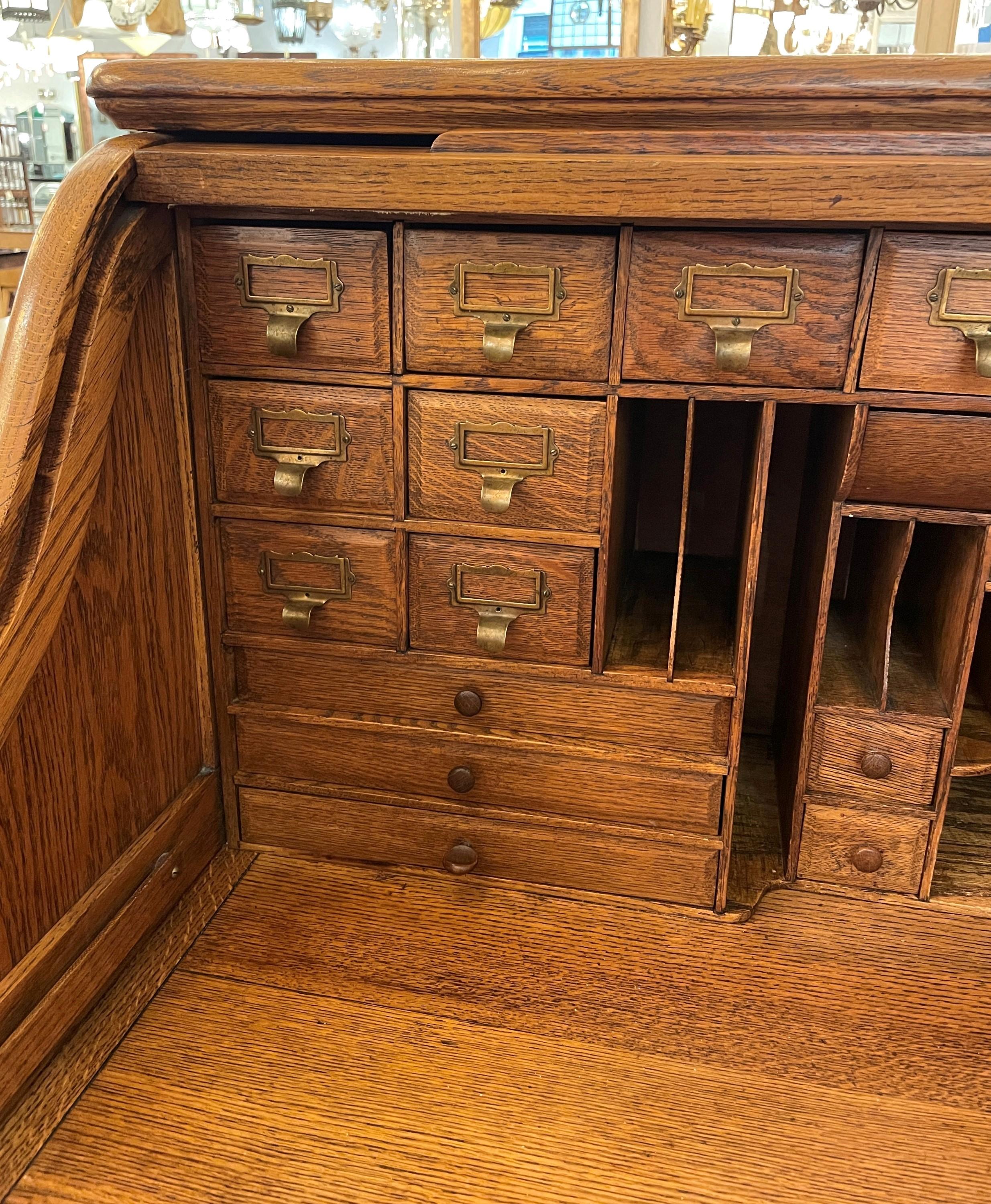 American Antique Solid Oak Wood Roll Top Desk w/ Many Drawers