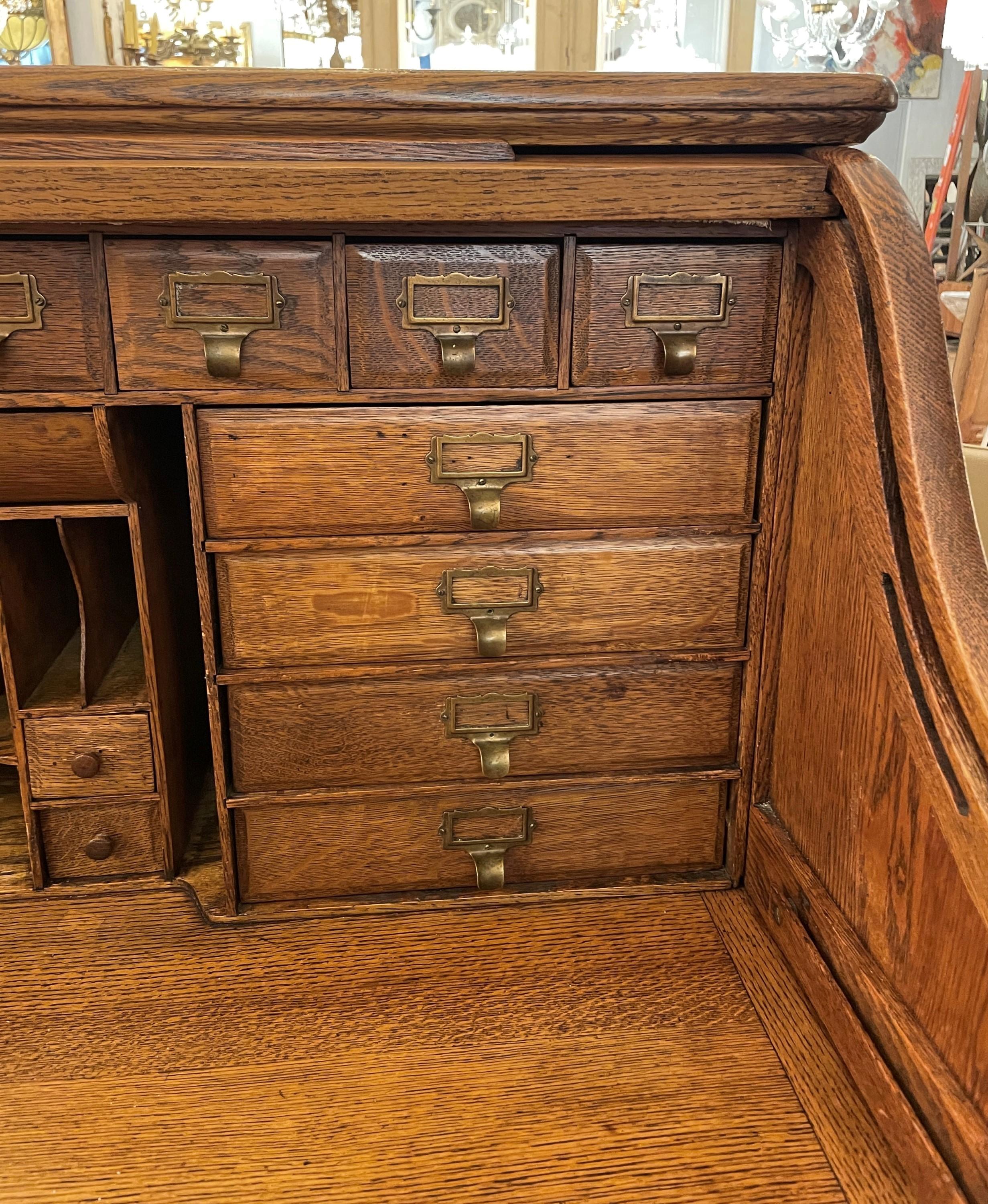 20th Century Antique Solid Oak Wood Roll Top Desk w/ Many Drawers