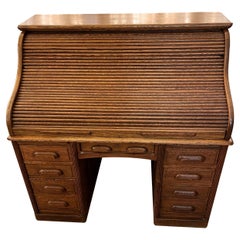 Antique Solid Oak Wood Roll Top Desk w Many Drawers