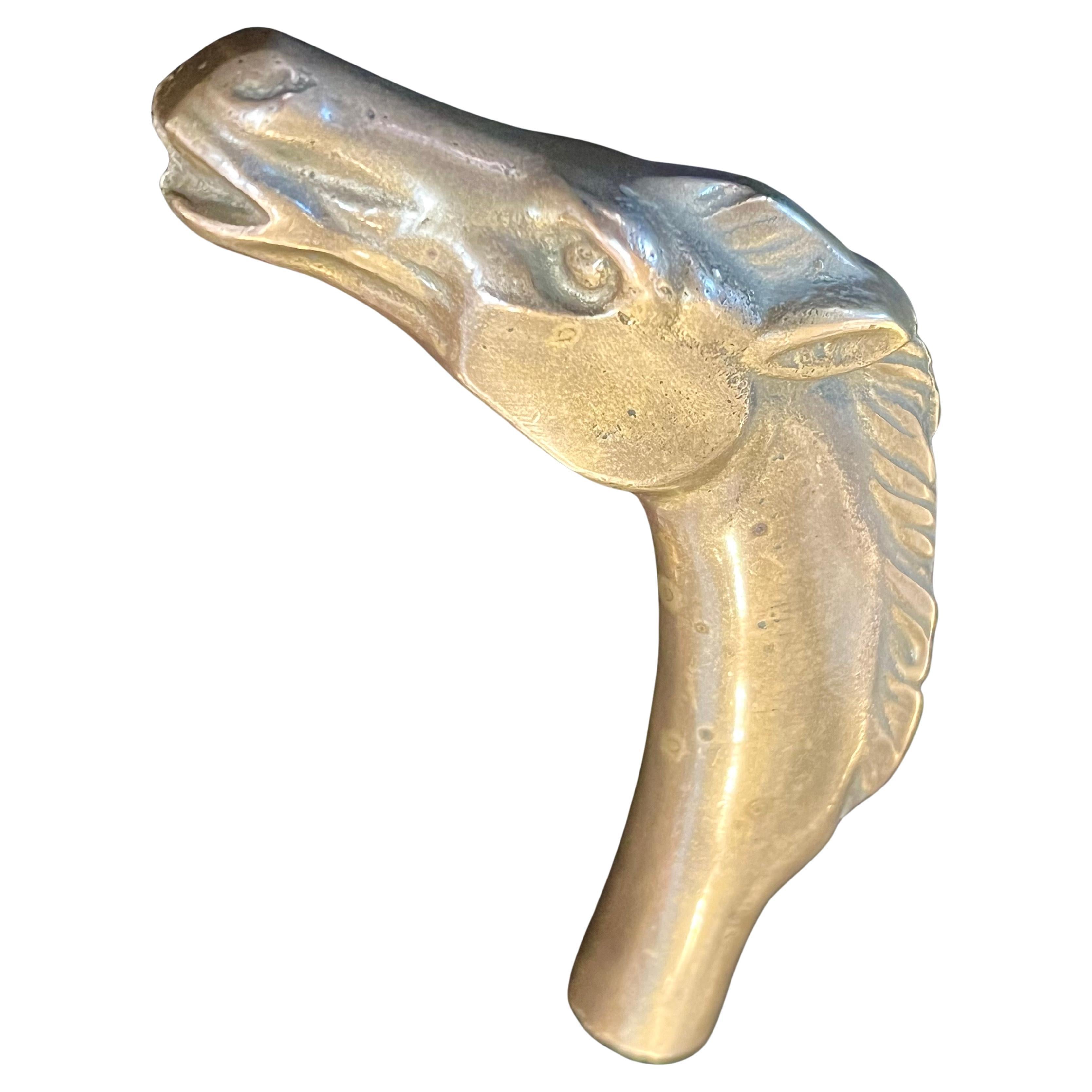 Elegant solid patinated brass walking stick horse handle circa 1940's has thread for screw.