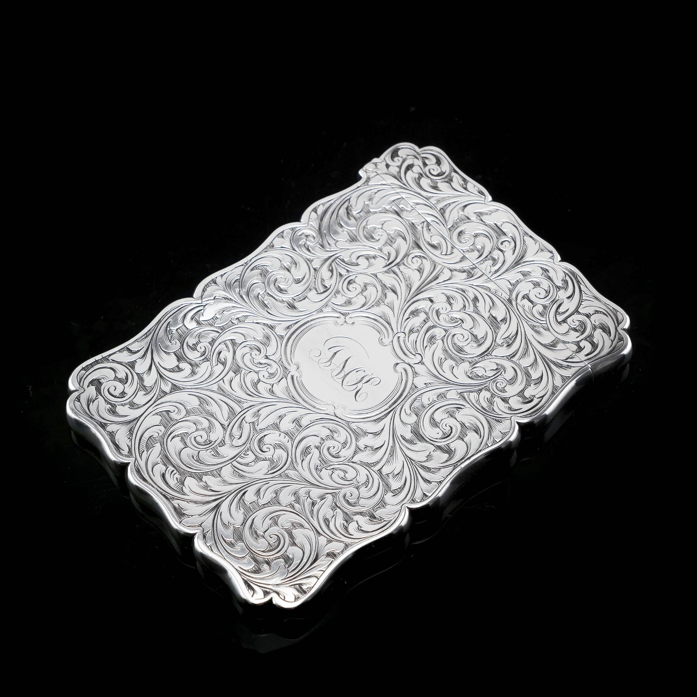 Antique Solid Silver Card Case Engraved Acanthus Motif, Edward Smith, 1862 For Sale 11