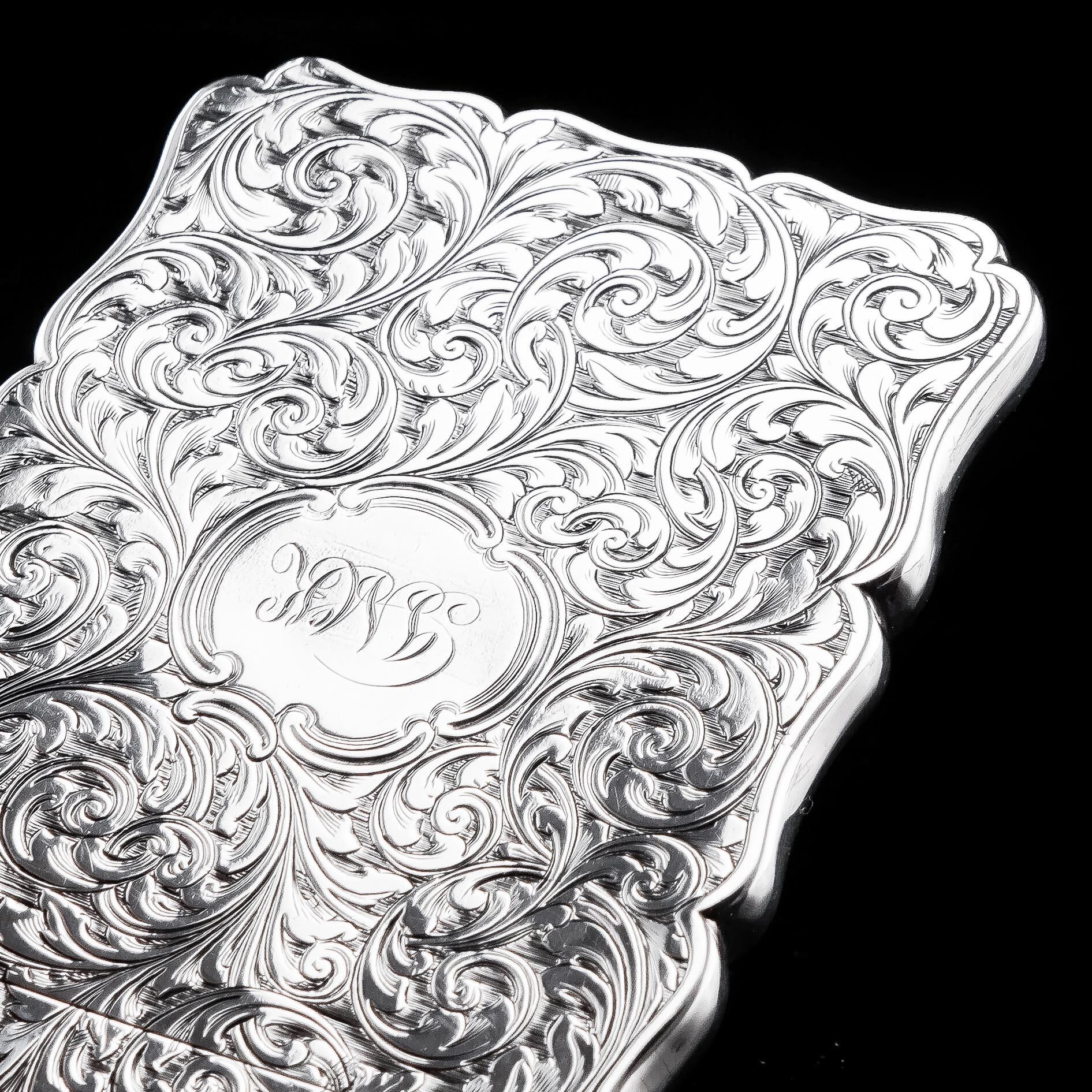 19th Century Antique Solid Silver Card Case Engraved Acanthus Motif, Edward Smith, 1862 For Sale