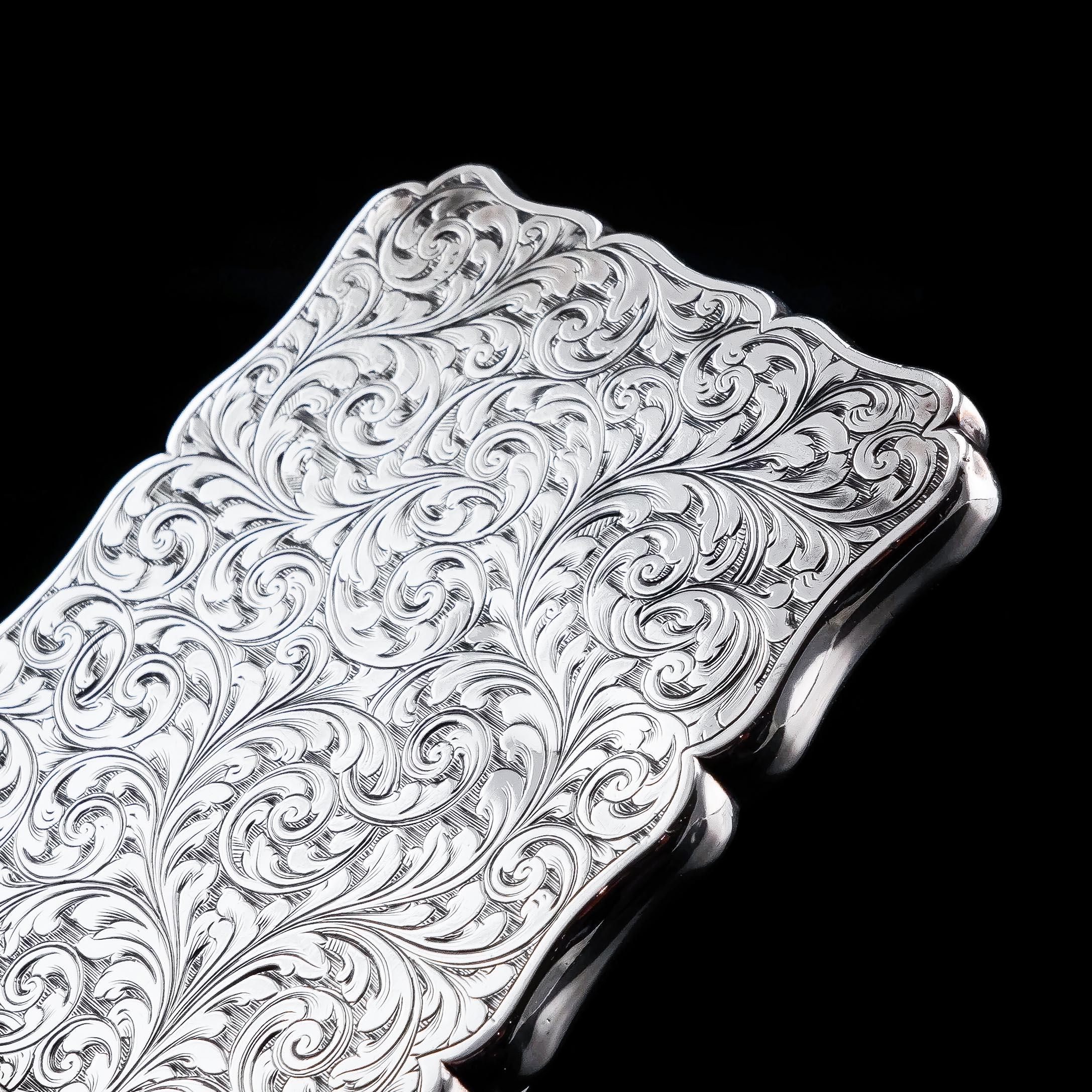 Sterling Silver Antique Solid Silver Card Case Engraved Acanthus Motif, Edward Smith, 1862 For Sale