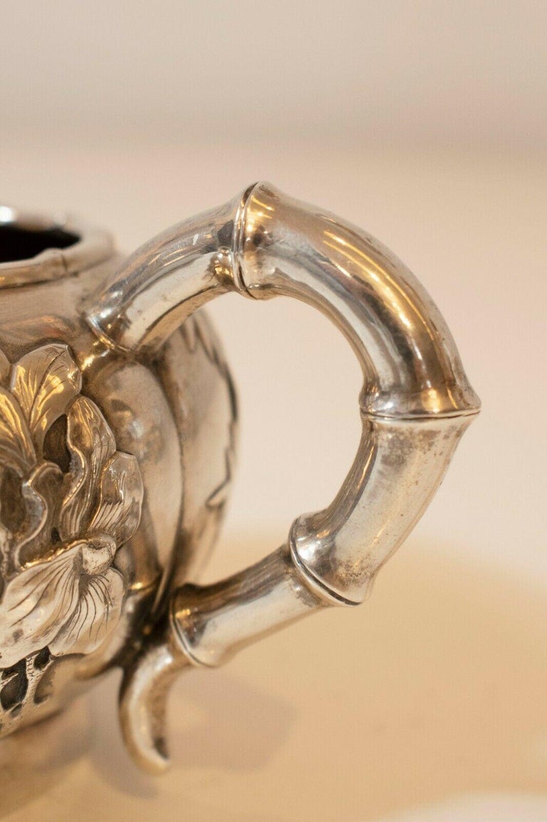 Antique Solid Silver Chinese Teapot 3 Piece Set with Bamboo Detailing 1880's For Sale at 1stDibs