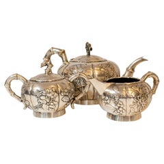 Antique Solid Silver Chinese Teapot, 3 Piece Set with Bamboo Detailing, 1880's