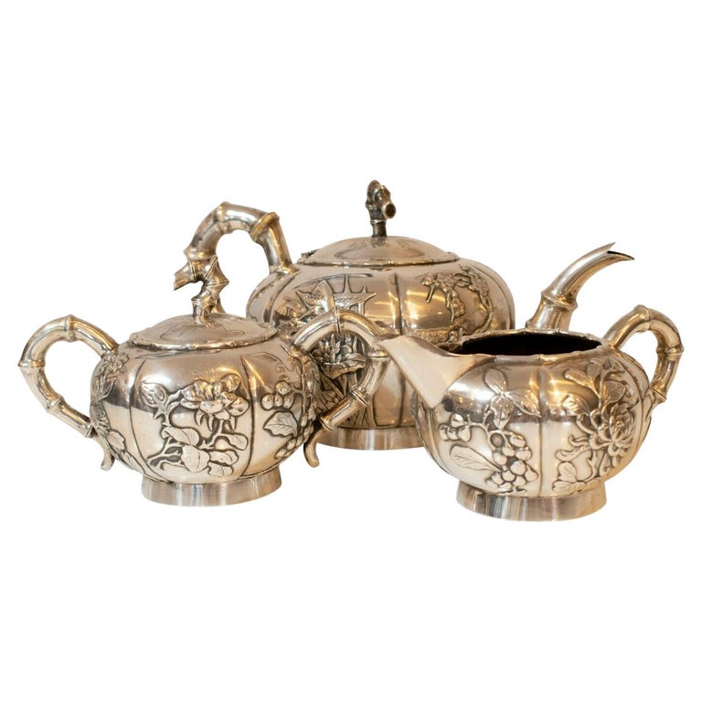 Antique Solid Silver Chinese Teapot 3 Piece Set with Bamboo Detailing 1880's For Sale at 1stDibs