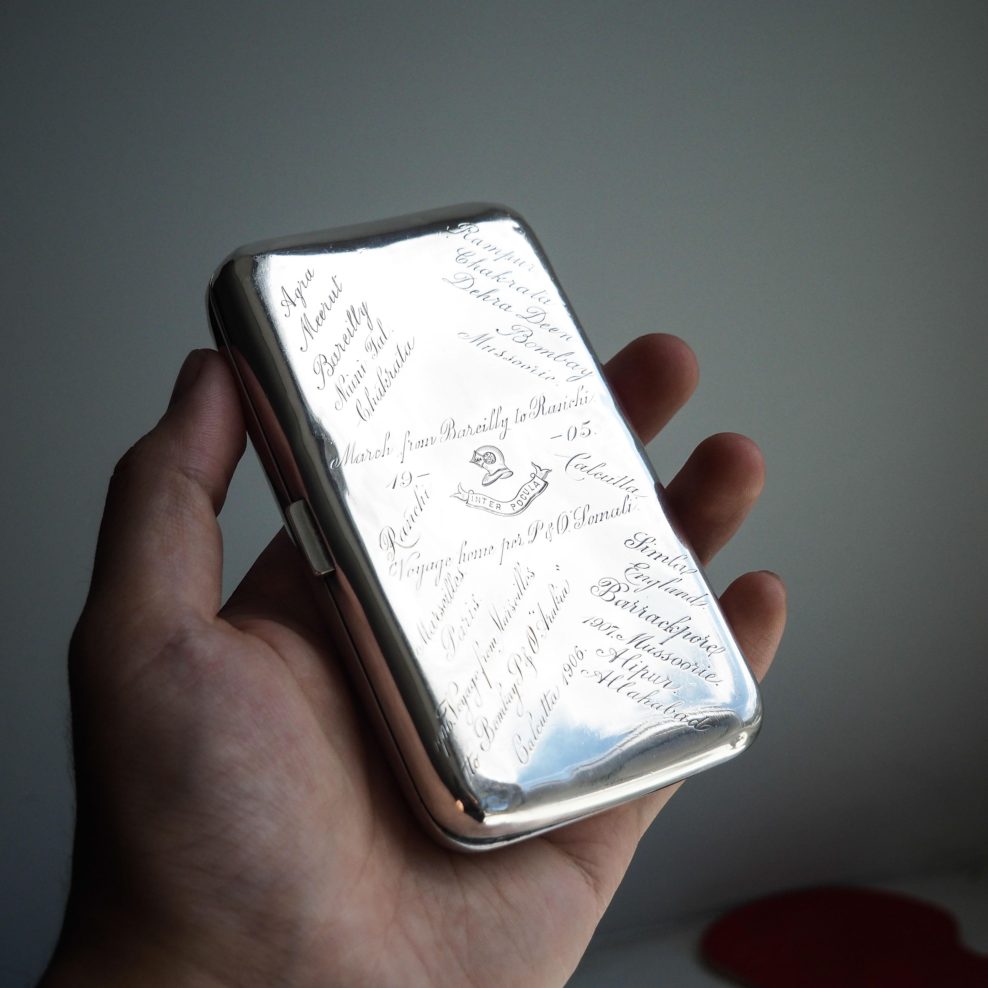 Antique Solid Silver Cigar Case with Indian Army Interest Hand Engraved c.1890 For Sale 6