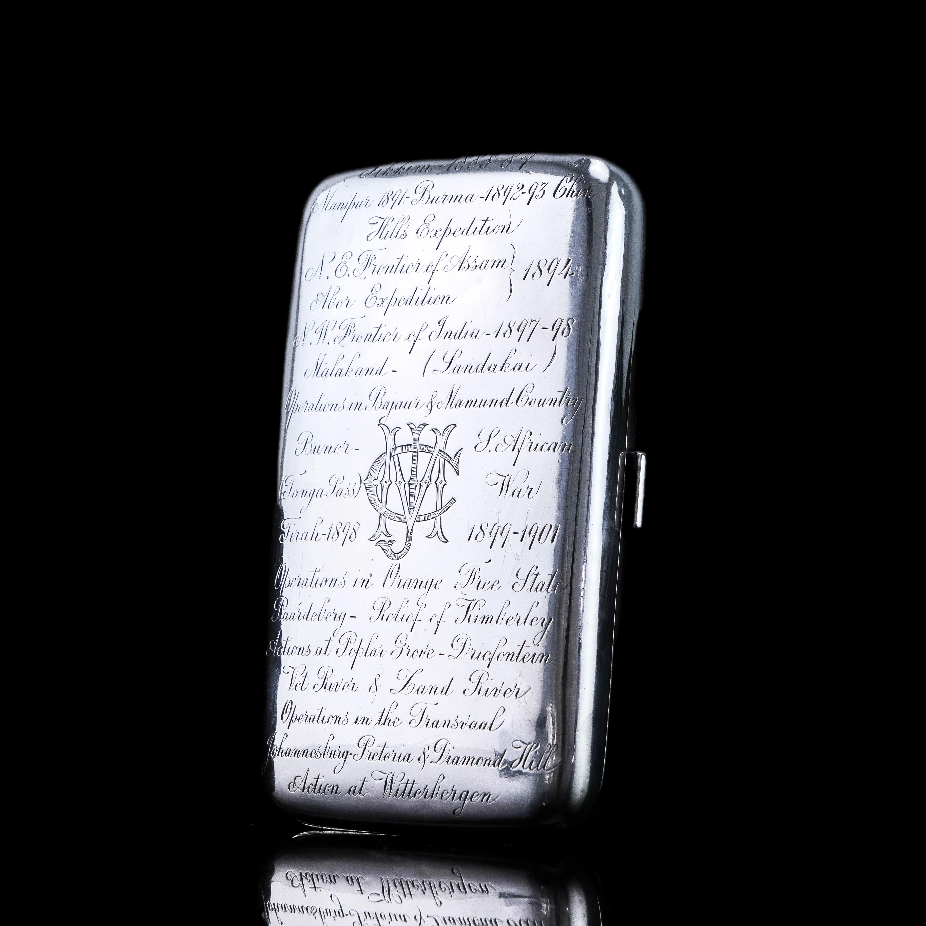 Antique Solid Silver Cigar Case with Indian Army Interest Hand Engraved c.1890 For Sale 8