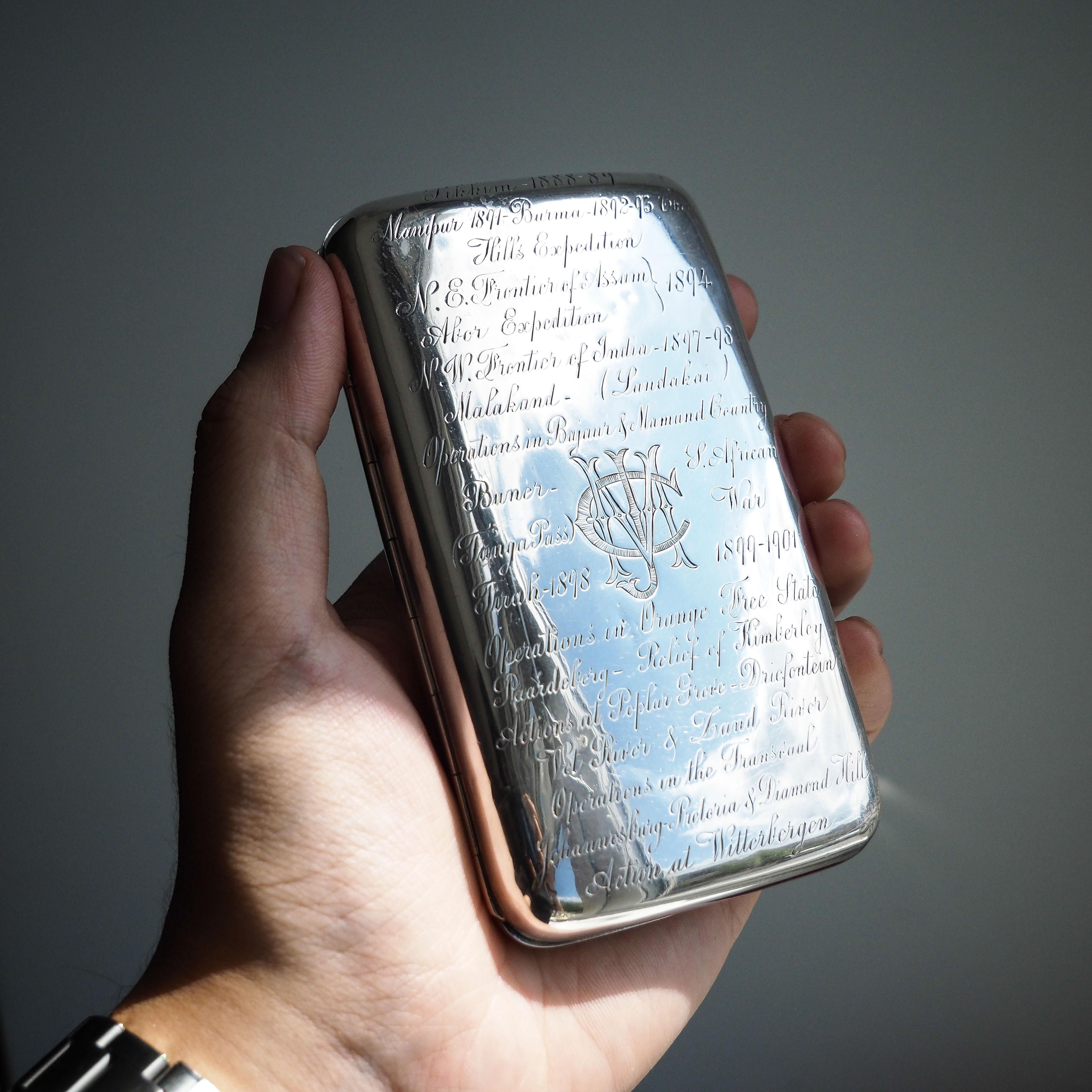 We are delighted to offer this exceptionally engraved and interesting antique solid silver cigar case made c.1890. 

The cigar case is made from a good gauge of silver and is unmarked, leading us to ponder whether it was a bespoke English piece or