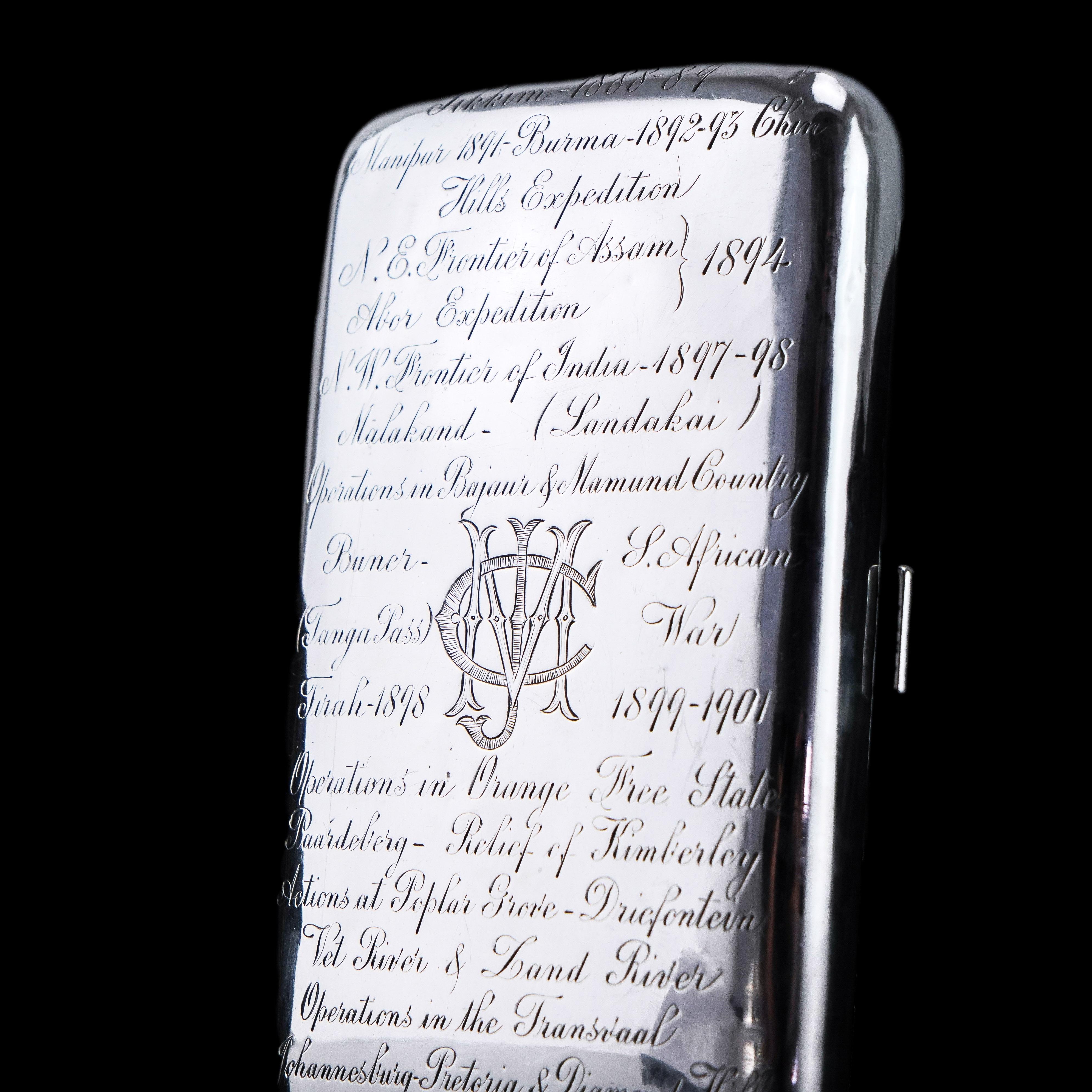 Antique Solid Silver Cigar Case with Indian Army Interest Hand Engraved c.1890 In Good Condition For Sale In London, GB