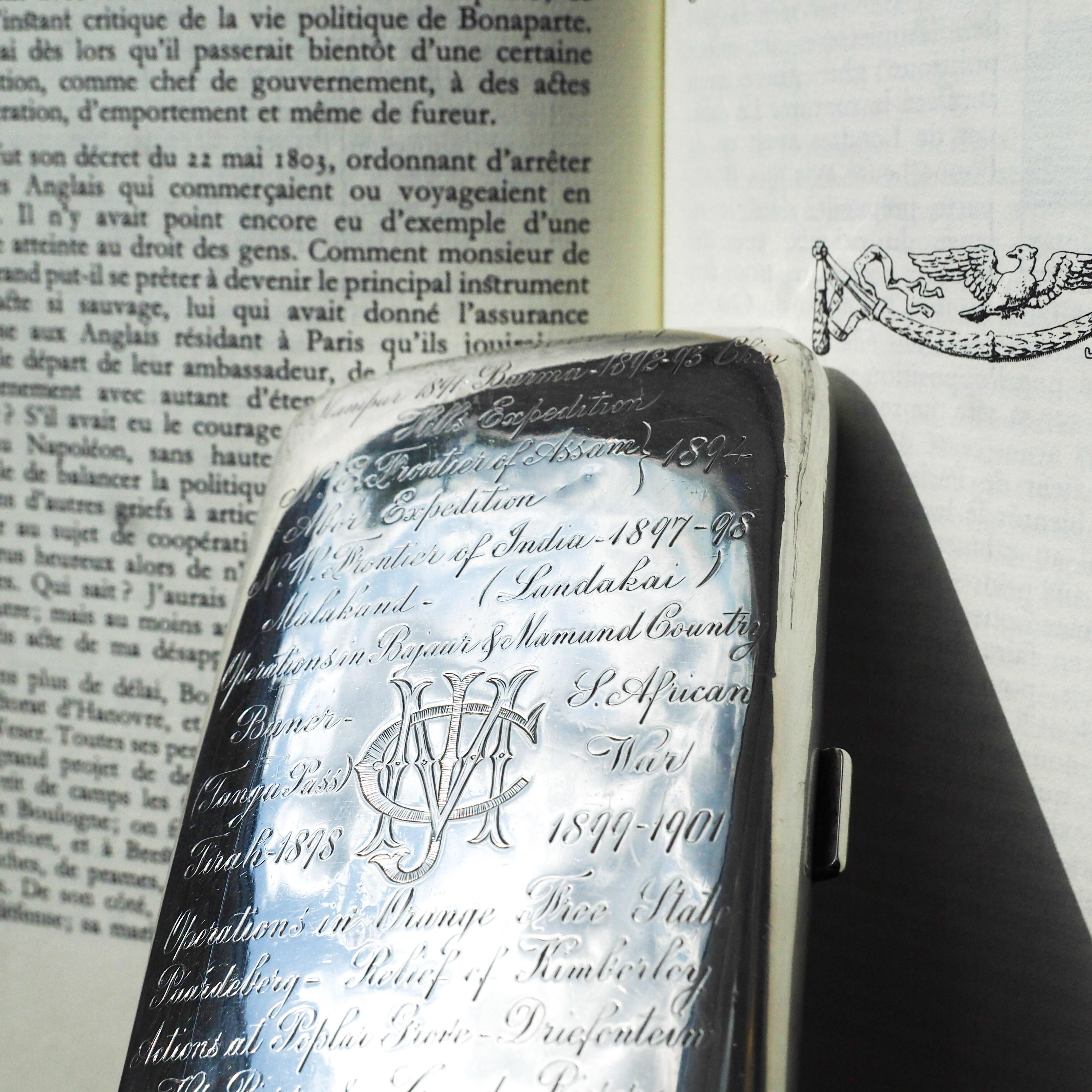 19th Century Antique Solid Silver Cigar Case with Indian Army Interest Hand Engraved c.1890 For Sale