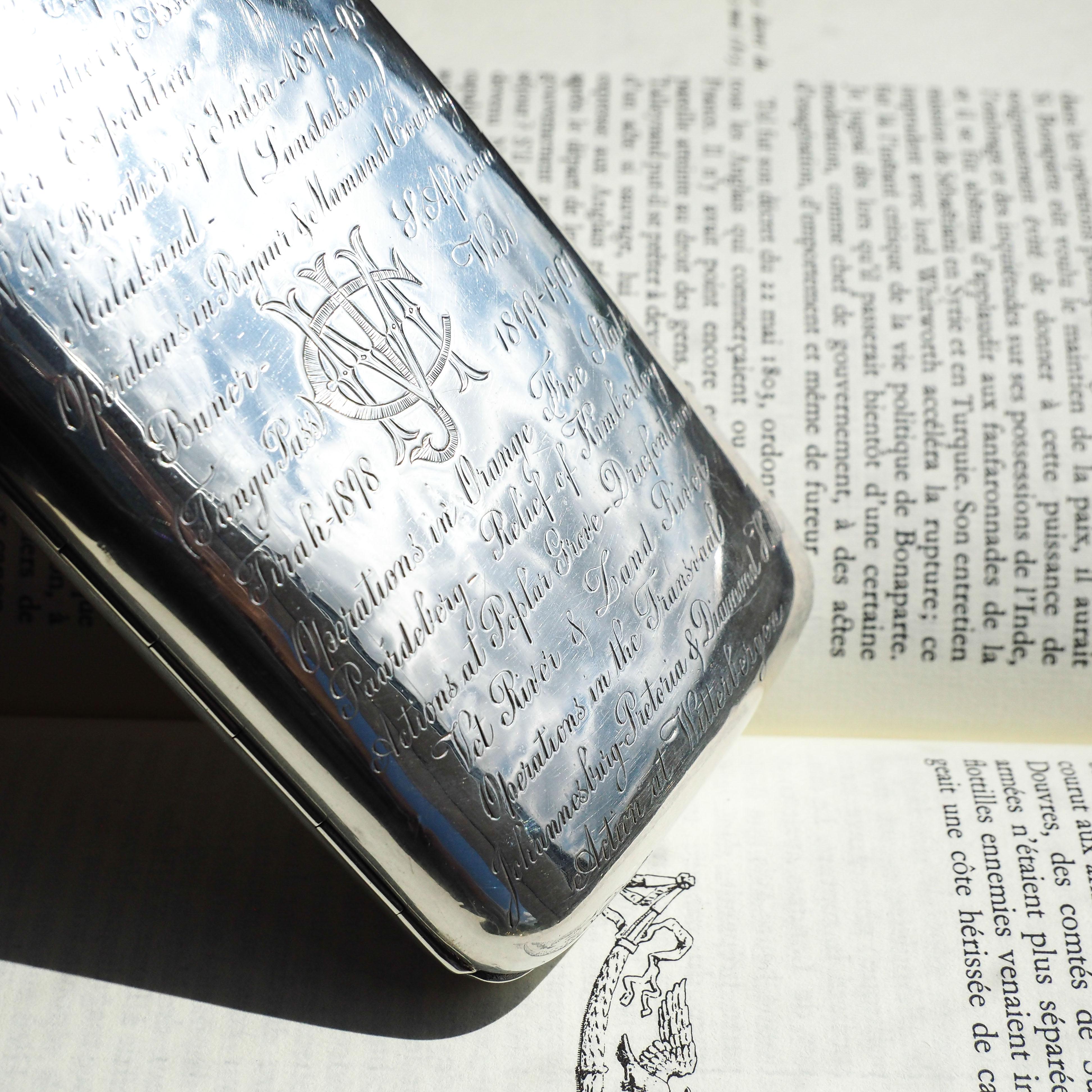 Antique Solid Silver Cigar Case with Indian Army Interest Hand Engraved c.1890 For Sale 2
