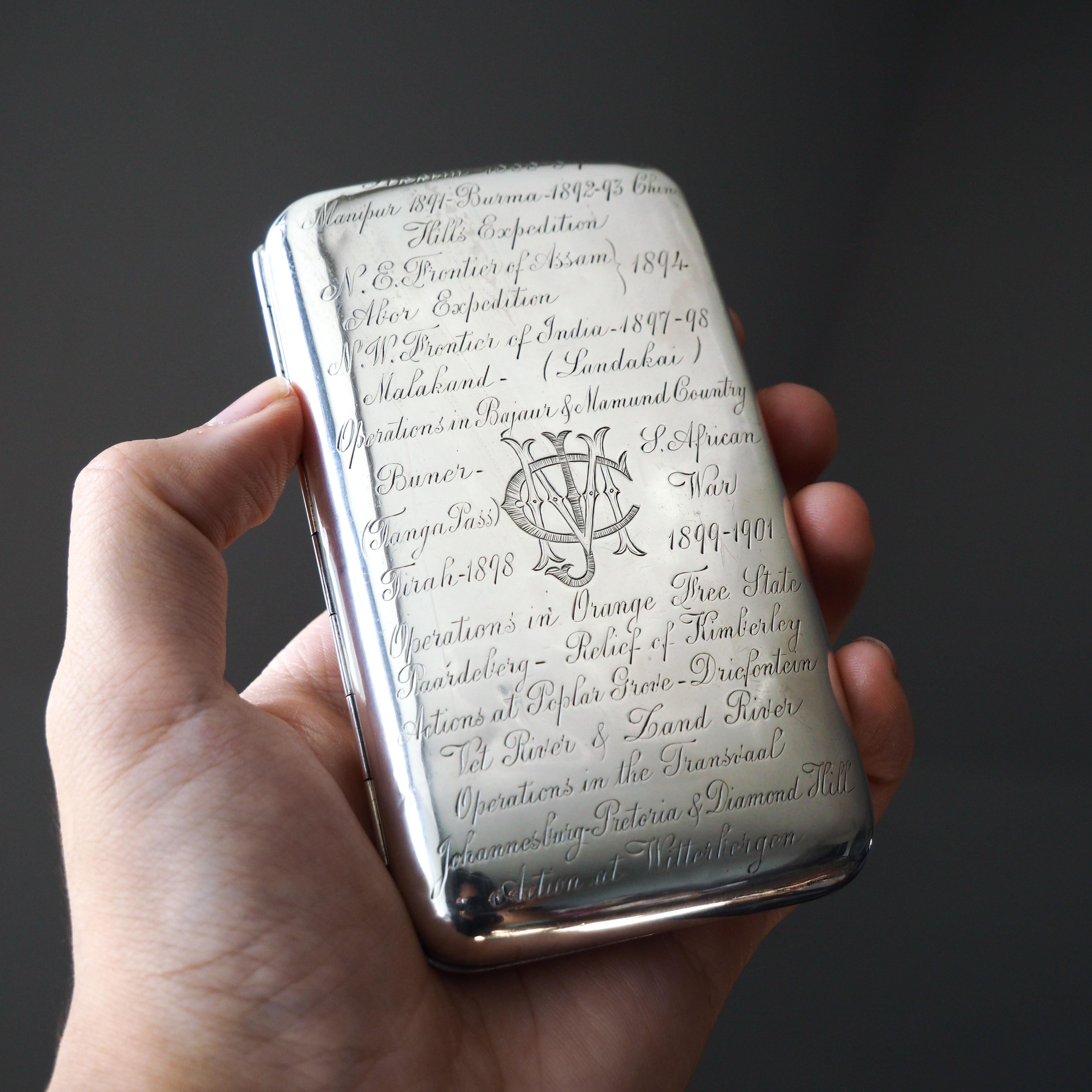 Antique Solid Silver Cigar Case with Indian Army Interest Hand Engraved c.1890 For Sale 5