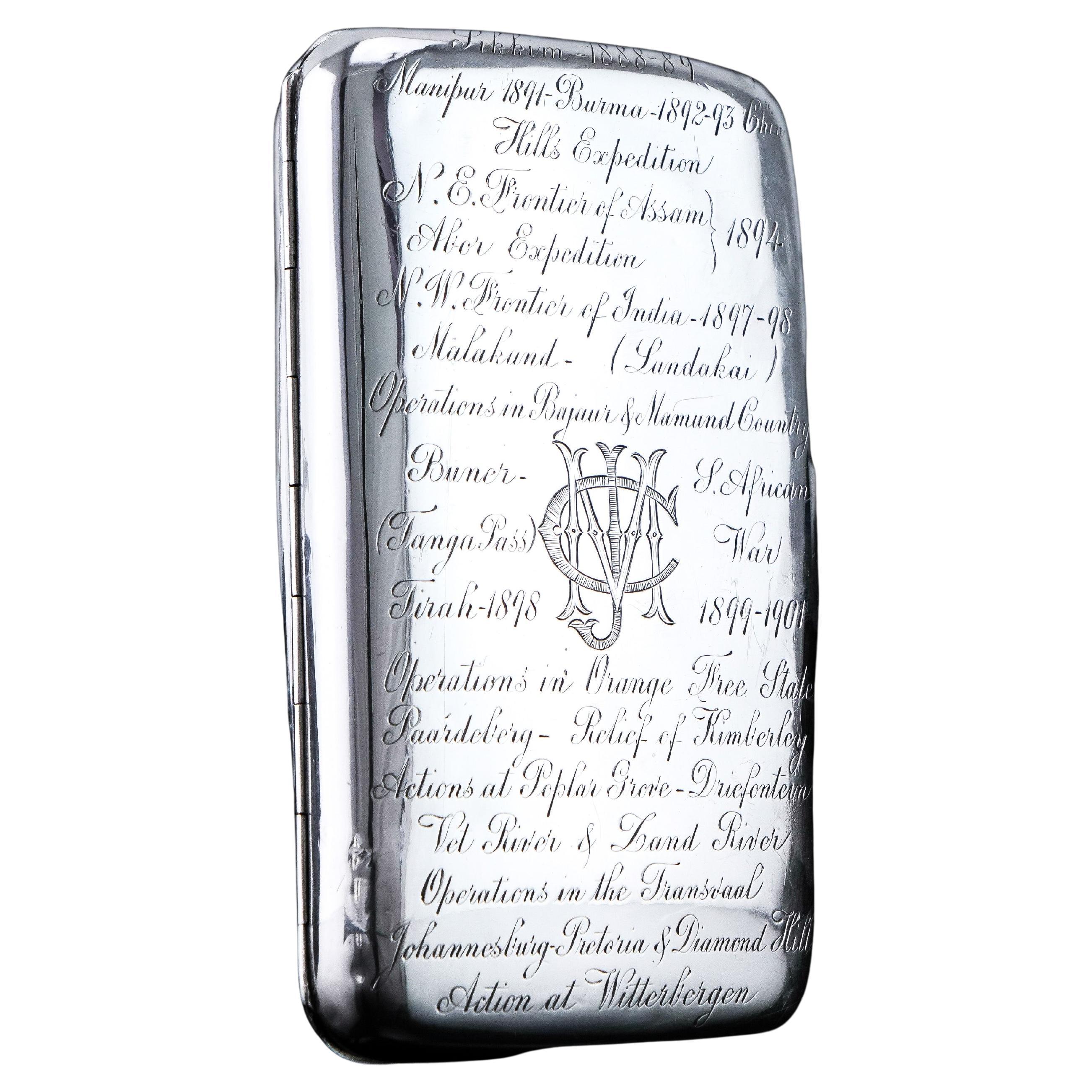 Antique Solid Silver Cigar Case with Indian Army Interest Hand Engraved c.1890 For Sale