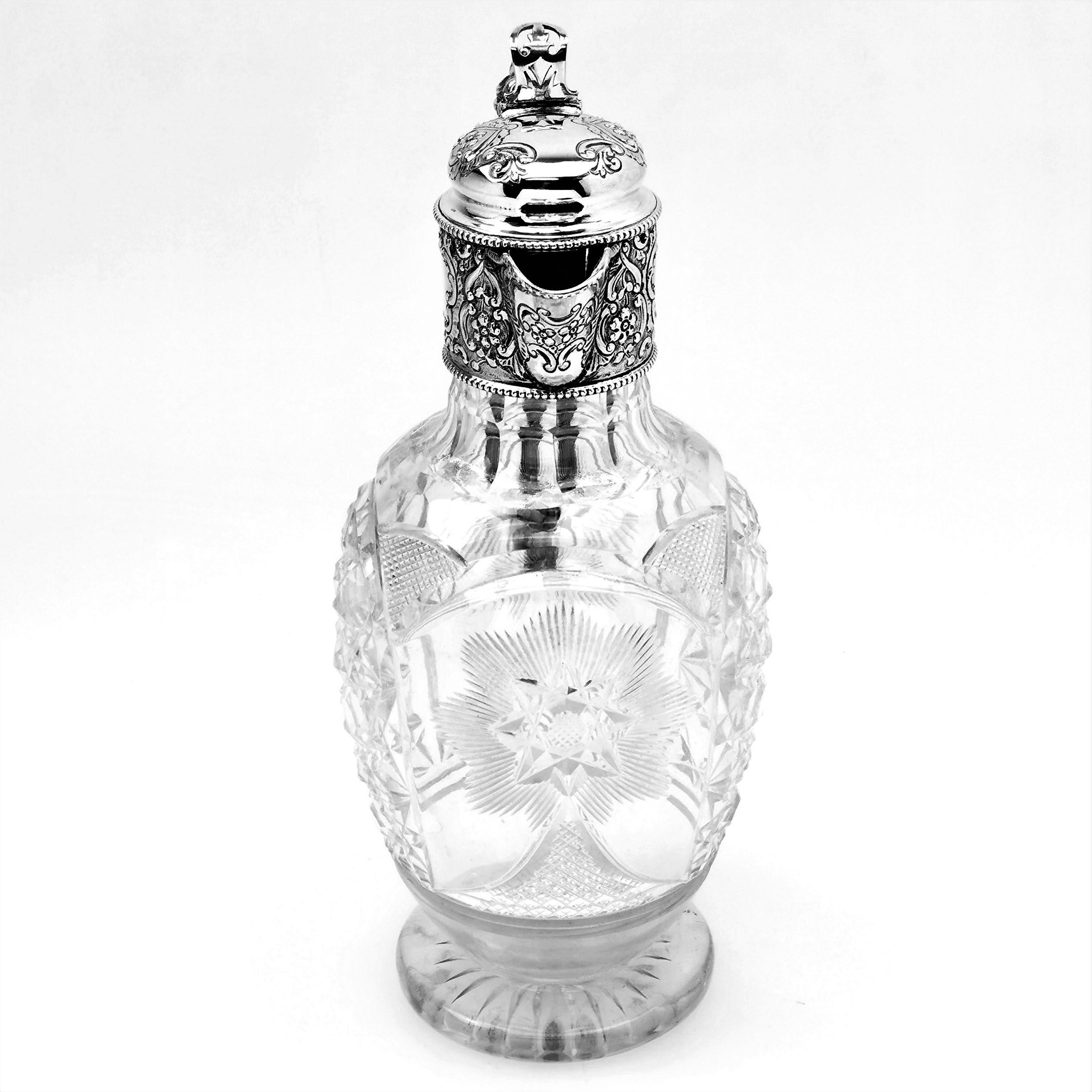 Antique Solid Silver & Cut Glass Claret Jug Wine Decanter, 1909 In Good Condition In London, GB