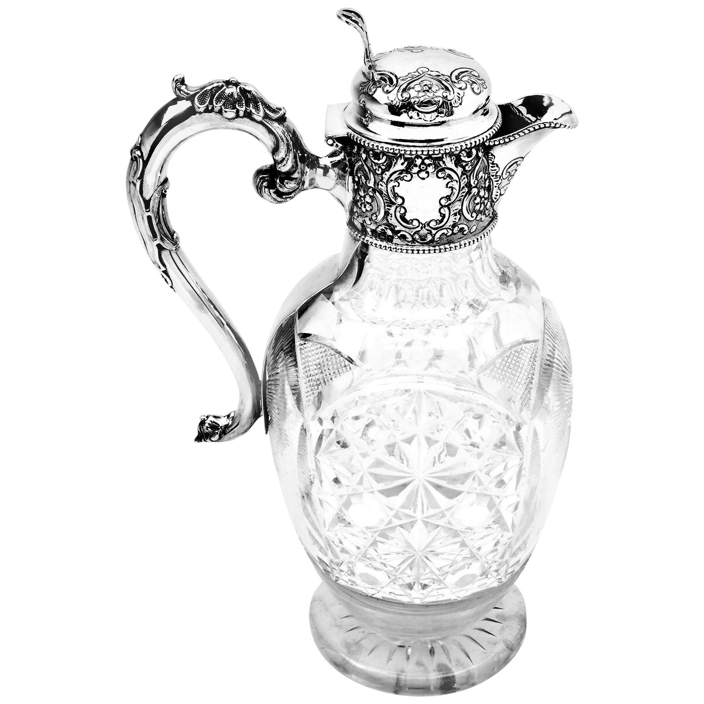 Antique Solid Silver & Cut Glass Claret Jug Wine Decanter, 1909