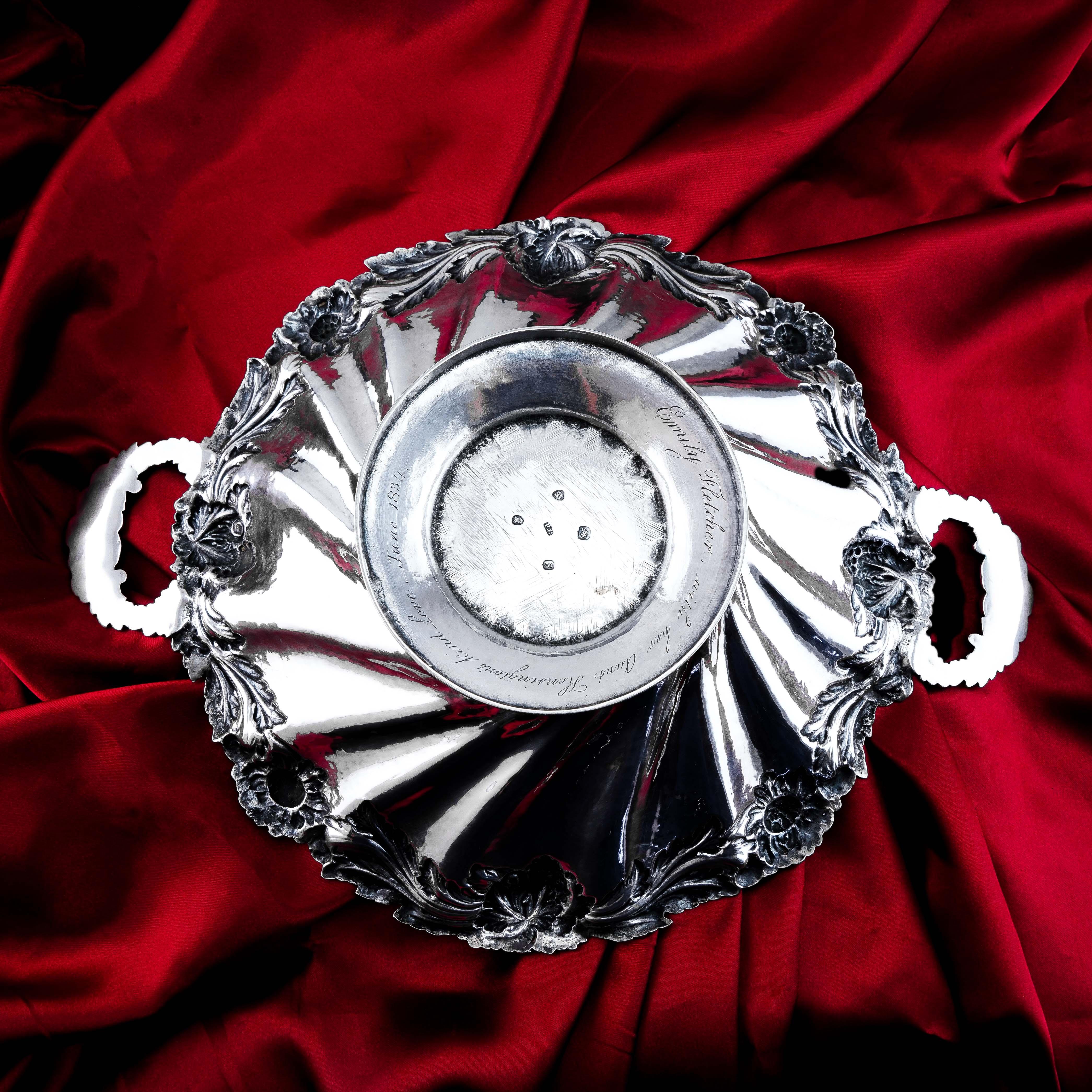 Antique Solid Silver Georgian Bowl, Twin Handle Wrythen & Chased 1834 For Sale 15