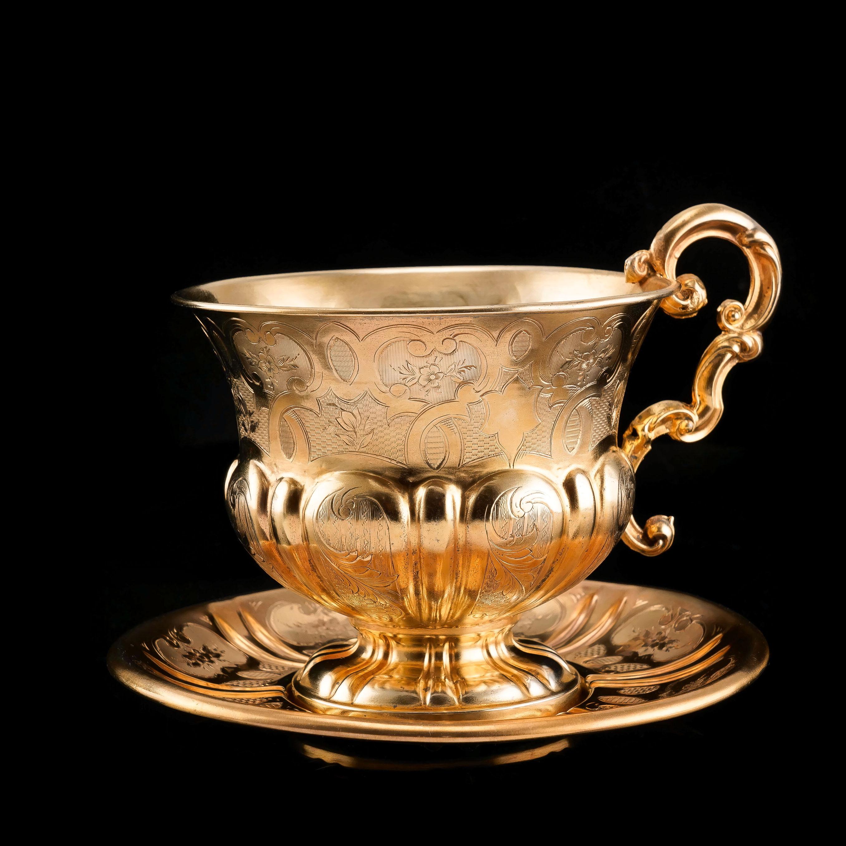 Engraved Antique Solid Silver Gilt Cup & Saucer with Fine Engravings, c.1880 For Sale