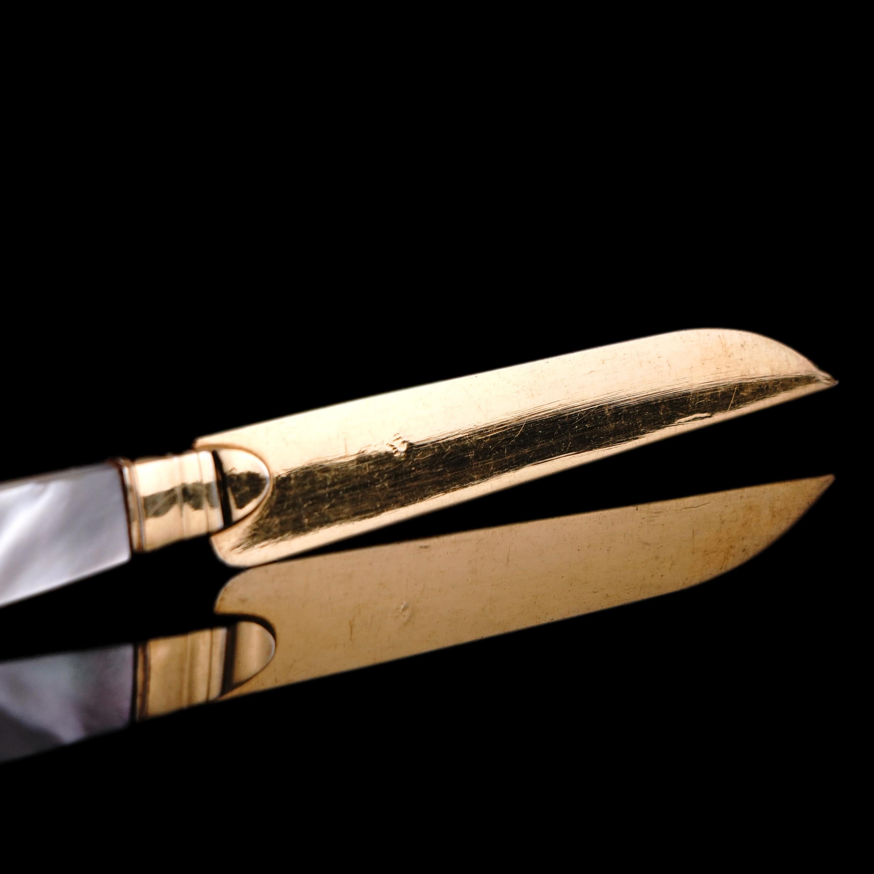 Antico set di 6 coltelli in argento massiccio dorato con madreperla - A.I.C. olandese del 19° secolo in vendita 6