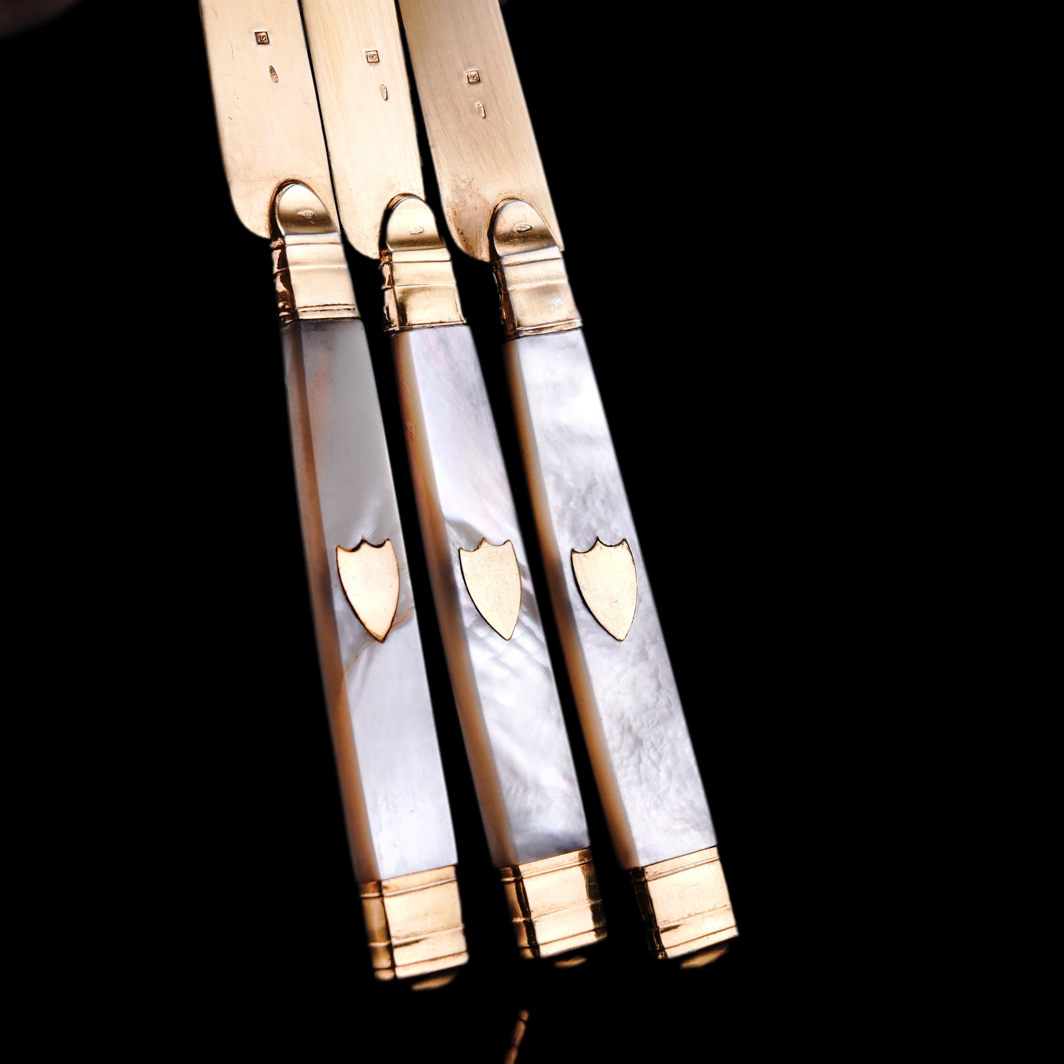 Antico set di 6 coltelli in argento massiccio dorato con madreperla - A.I.C. olandese del 19° secolo in vendita 8