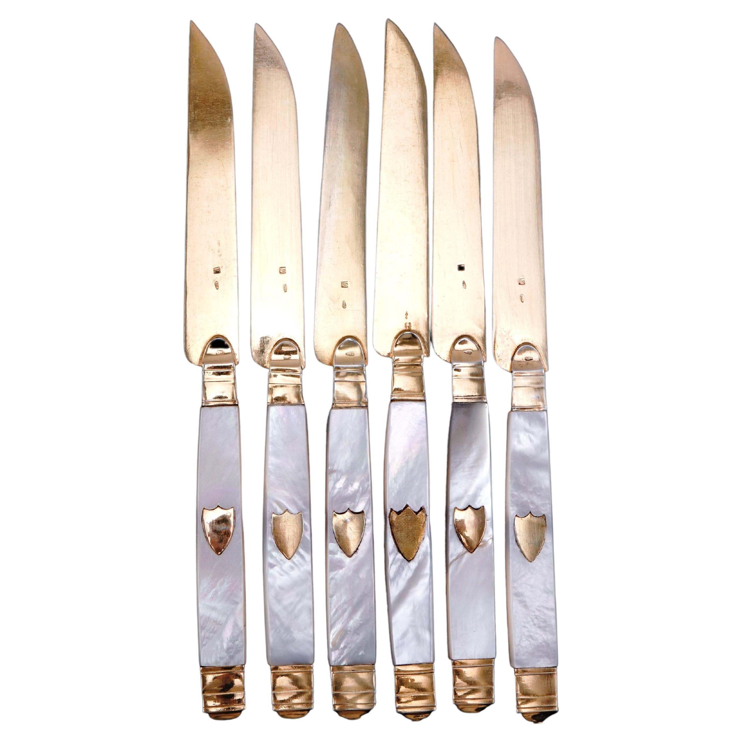 Antique Solid Silver Gilt Mother of Pearl Knives Set of 6 - 19th C. Dutch For Sale