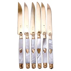 Antique Solid Silver Gilt Mother of Pearl Knives Set of 6 - 19th C. Dutch