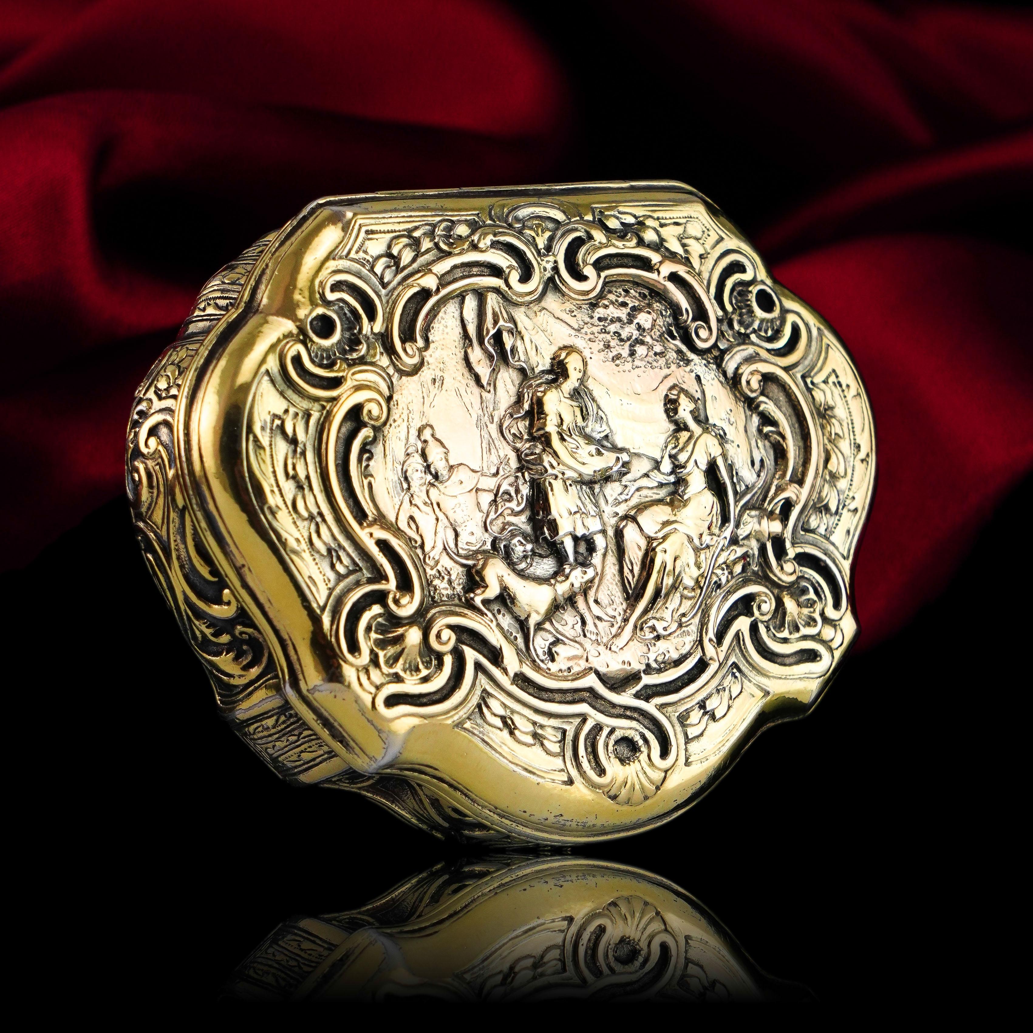 Antique Solid Silver Gilt Table Snuff Box, Rococo Motif and Meleager 18th c. For Sale 8