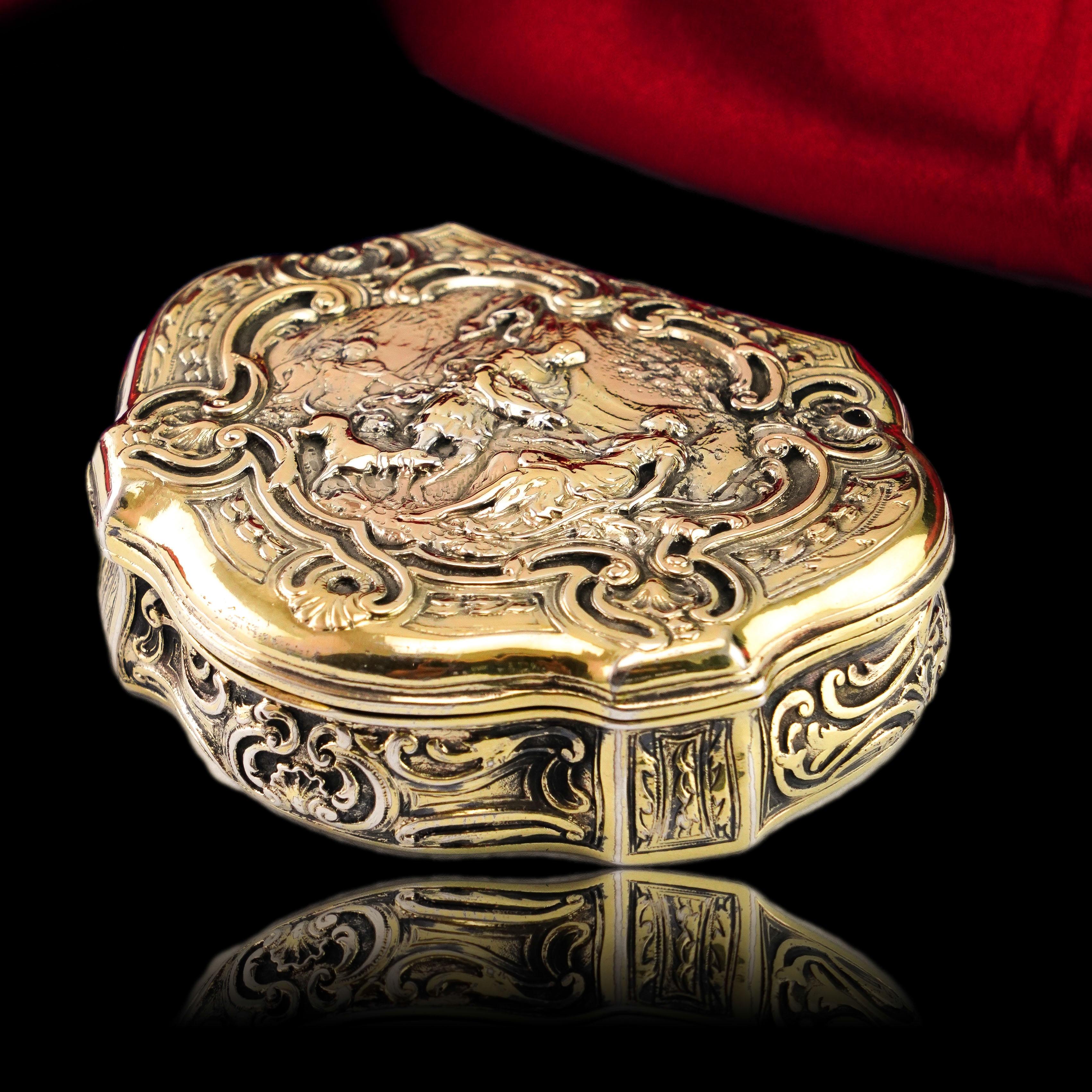 Antique Solid Silver Gilt Table Snuff Box, Rococo Motif and Meleager 18th c. For Sale 13