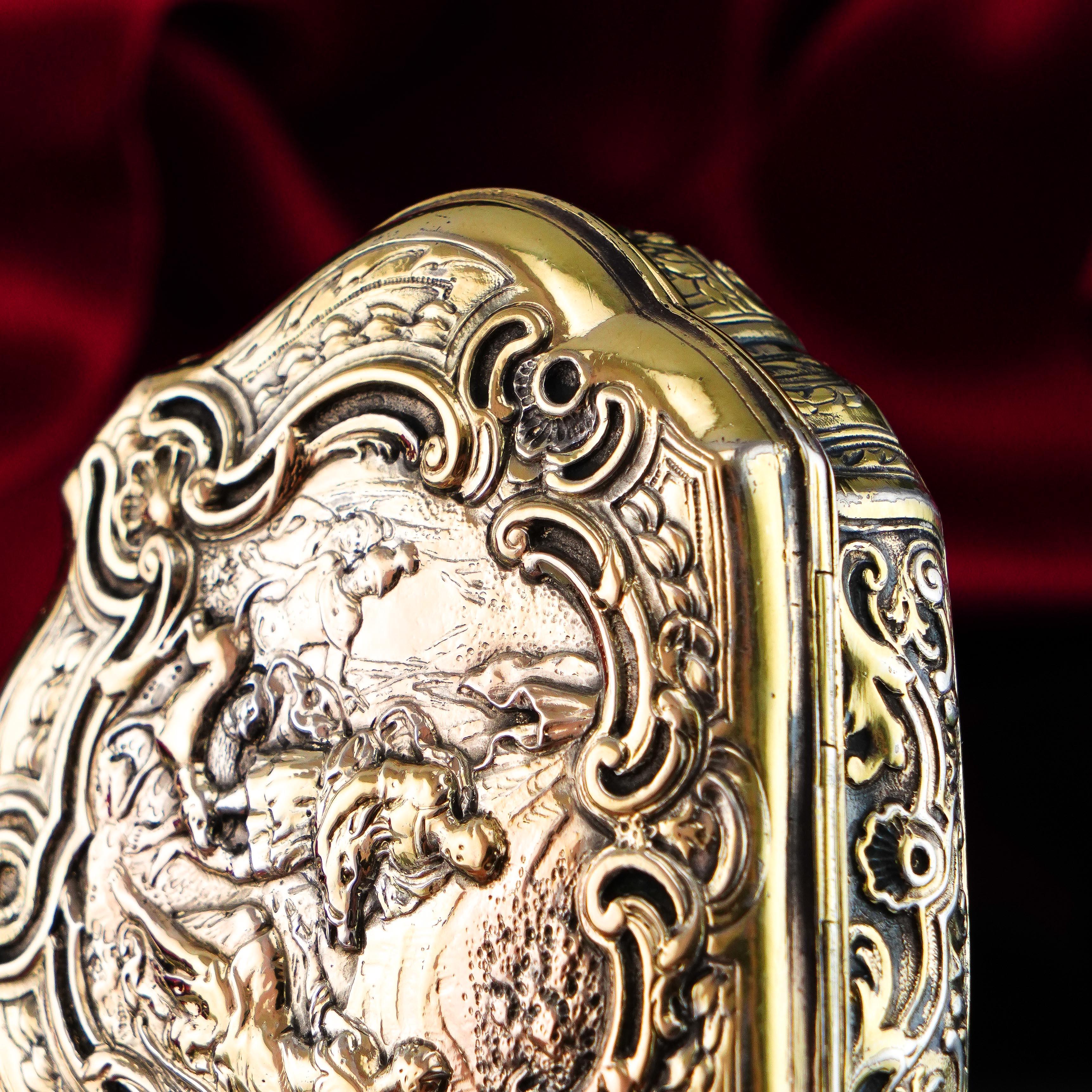18th Century and Earlier Antique Solid Silver Gilt Table Snuff Box, Rococo Motif and Meleager 18th c. For Sale