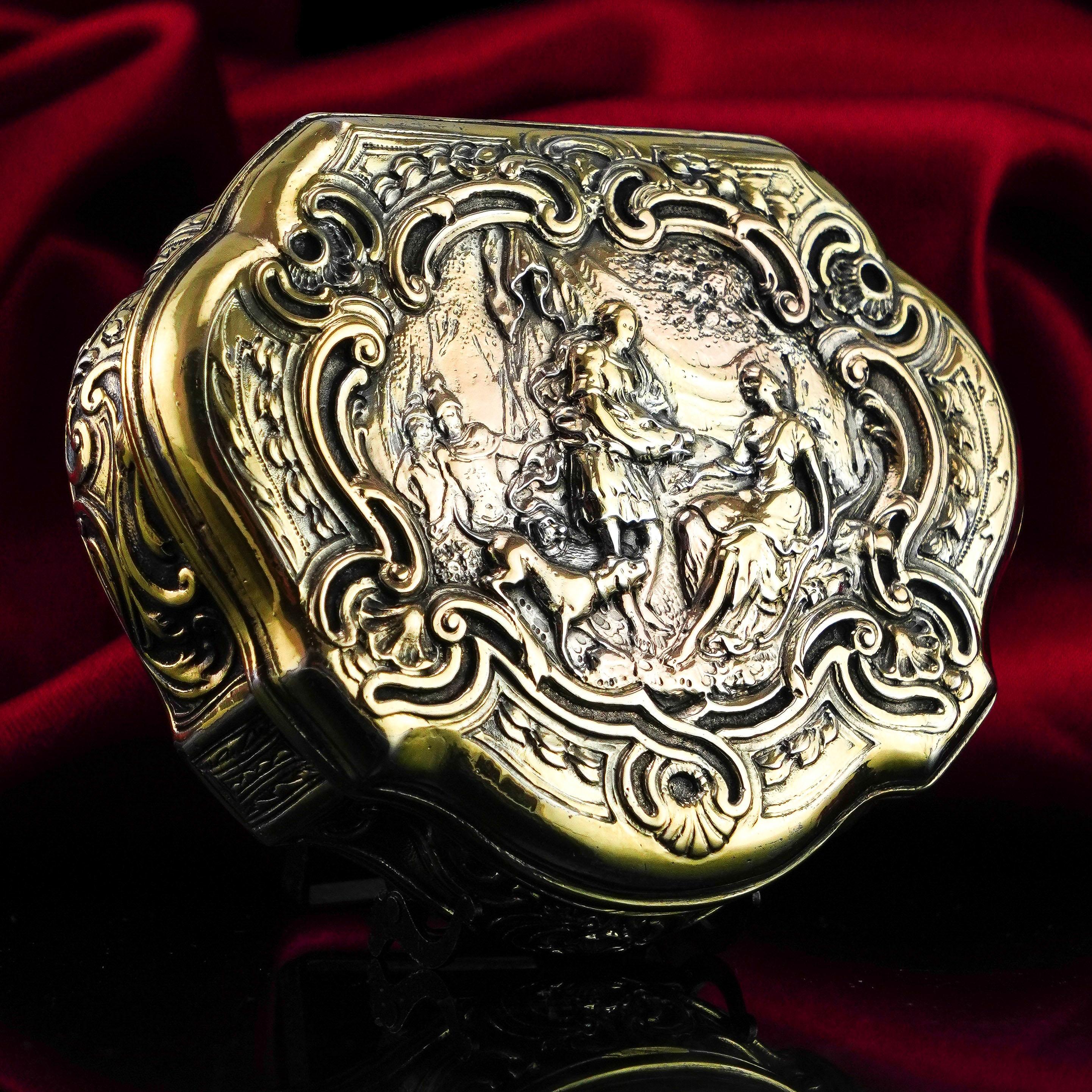 Sterling Silver Antique Solid Silver Gilt Table Snuff Box, Rococo Motif and Meleager 18th c. For Sale