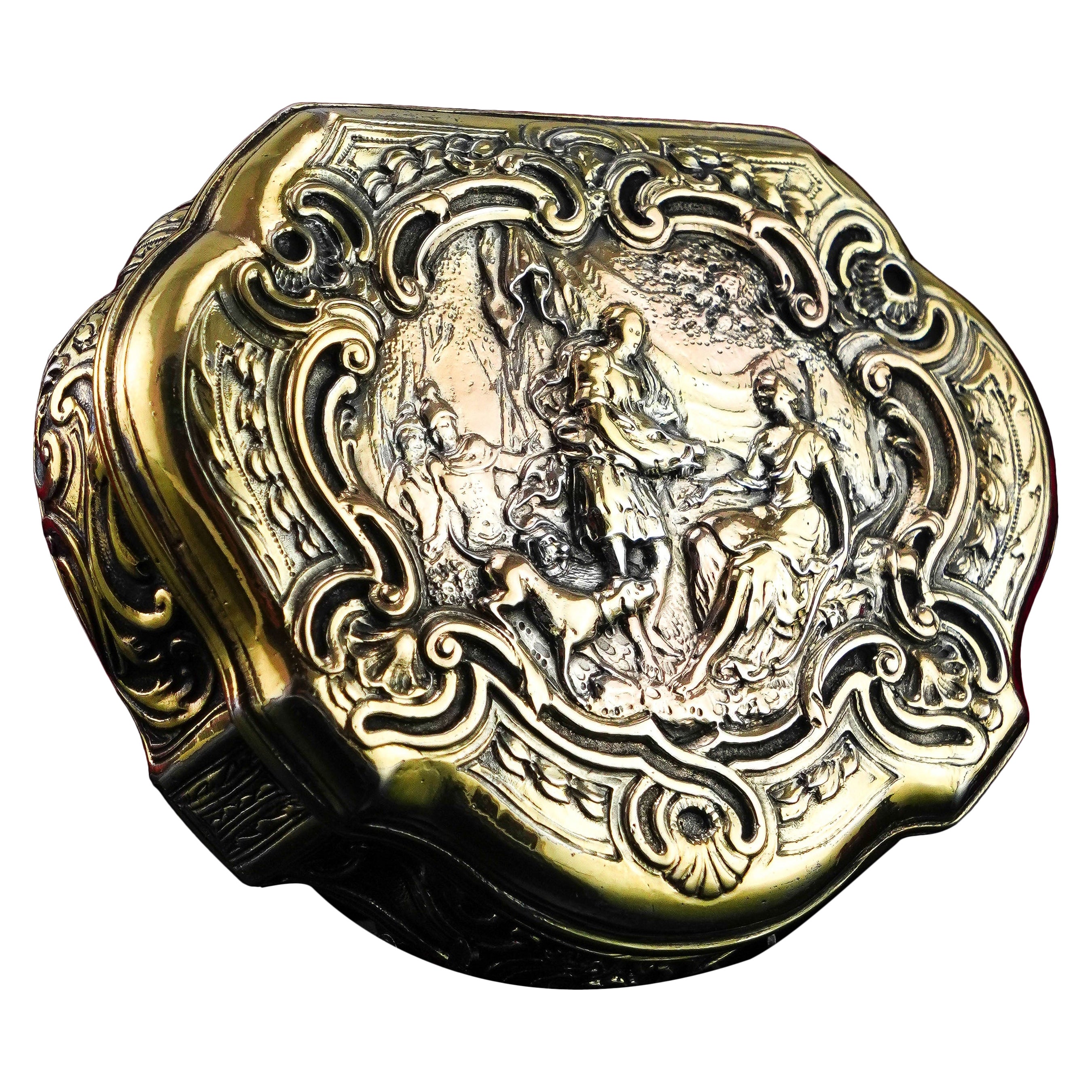 Antique Solid Silver Gilt Table Snuff Box, Rococo Motif and Meleager 18th c.