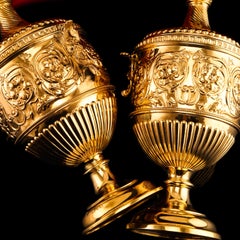 Antique Solid Silver Gilt Vase/Urn Pair with Figural Roman Classical Influences
