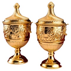Antique Solid Silver Gilt Vase/Urn Pair with Figural Roman Classical Influences