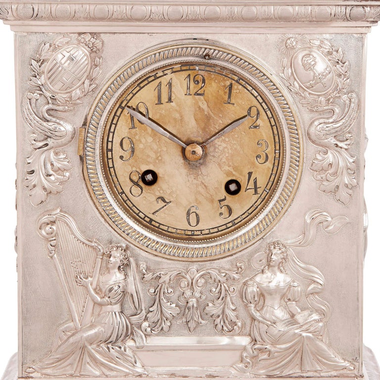 Antique Solid Silver Inscribed Mantel Clock For Sale at 1stDibs