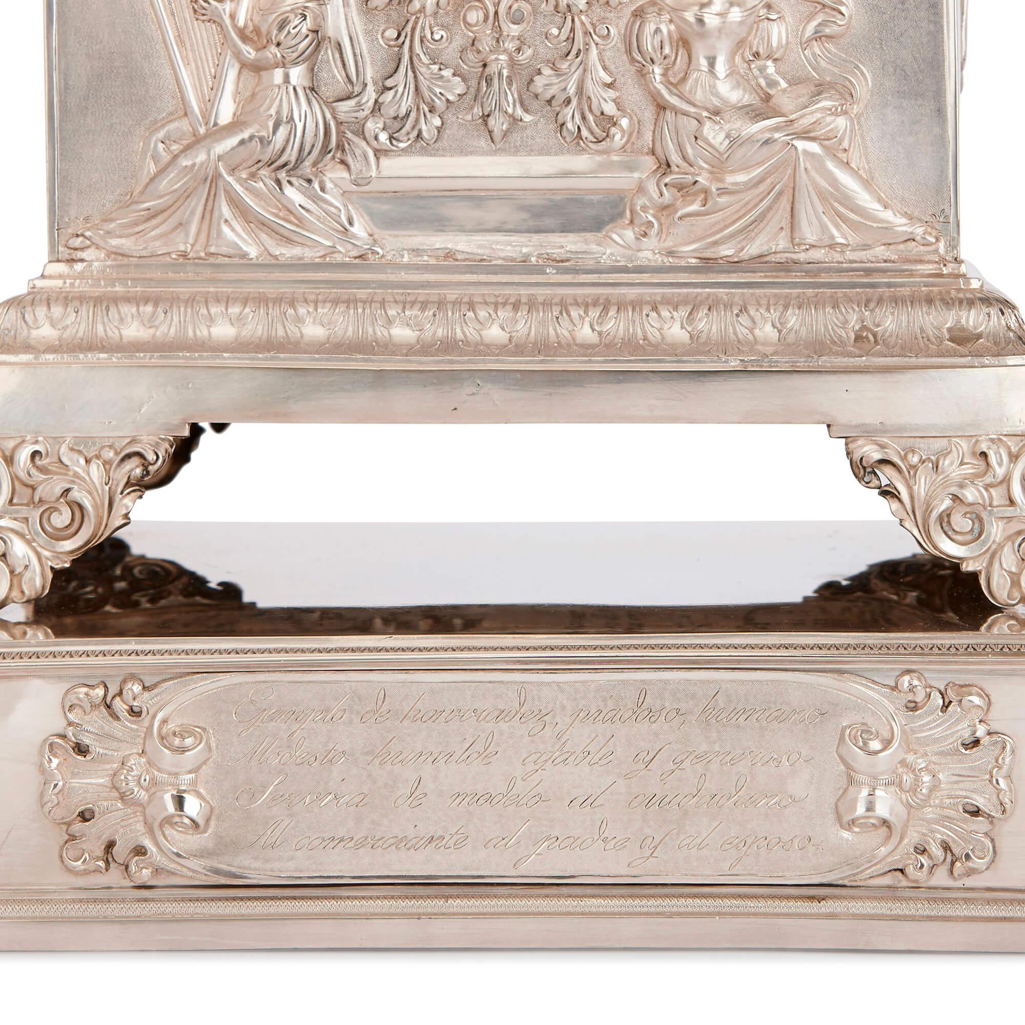 Neoclassical Antique Solid Silver Inscribed Mantel Clock For Sale
