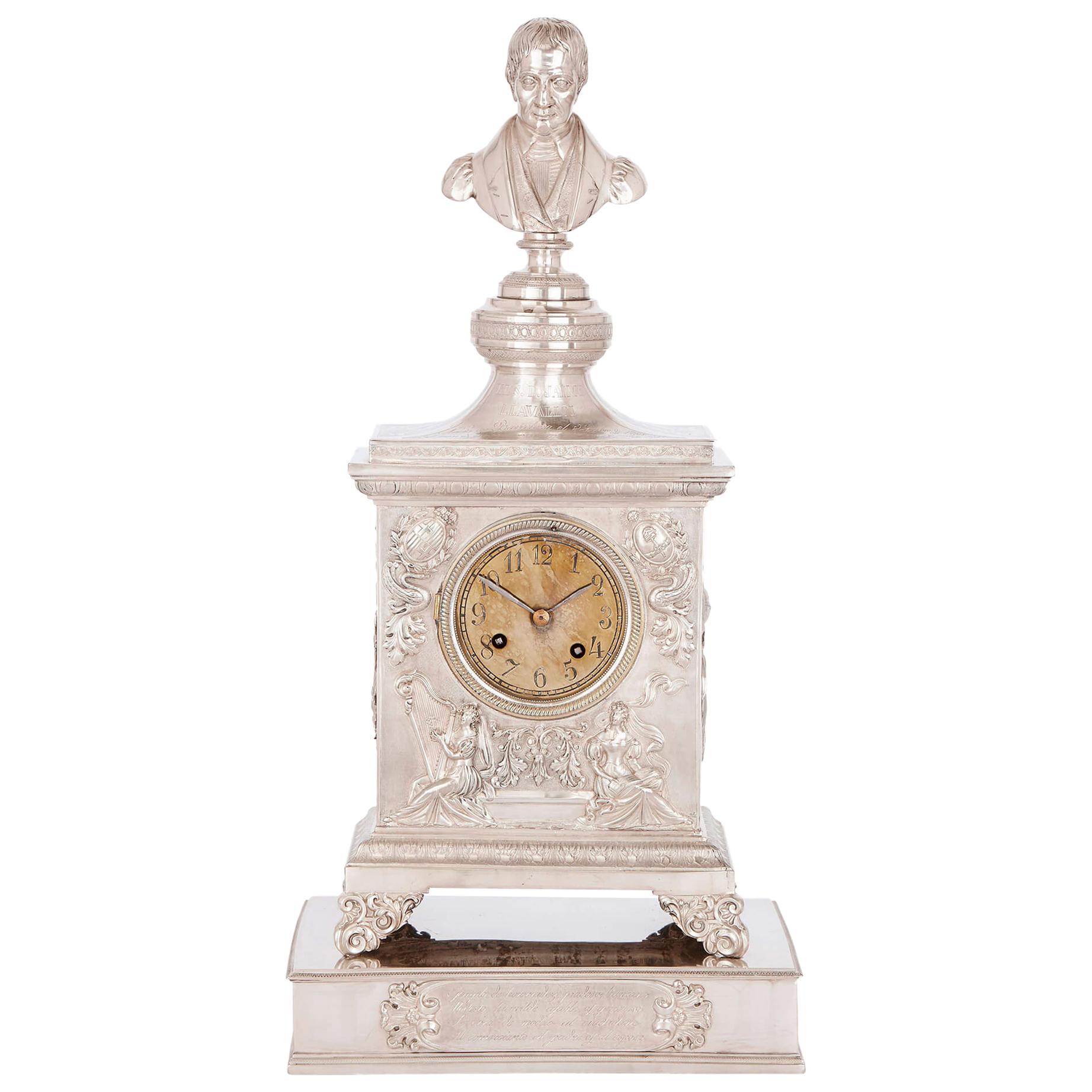 Antique Solid Silver Inscribed Mantel Clock For Sale