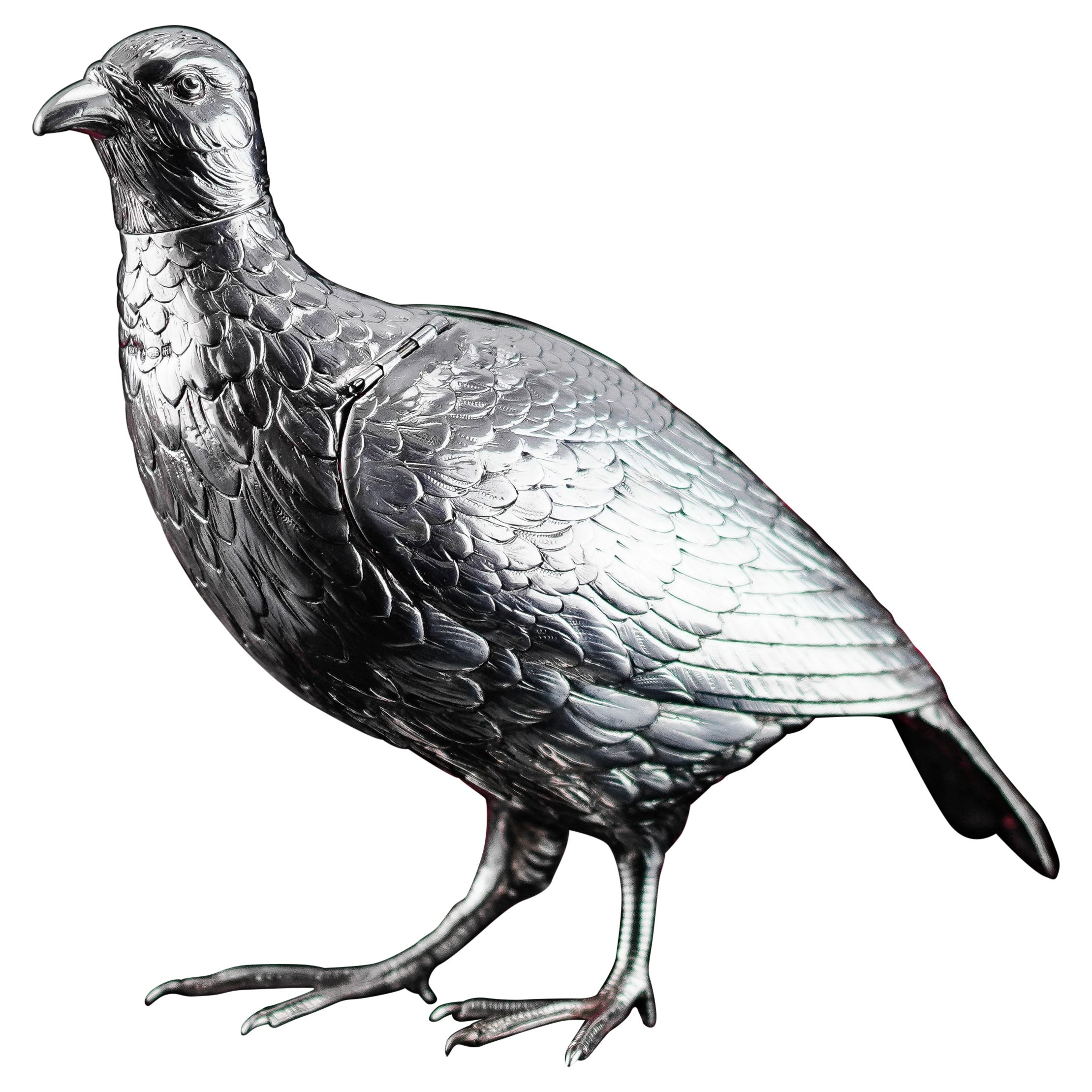 Antique Solid Silver Large Partridge/Grouse Bird Model Box - Edwardian 1910