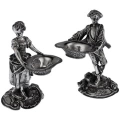 Paire de salières figuratives en argent massif d'antiquités, Hamilton et pouces, vers 1890