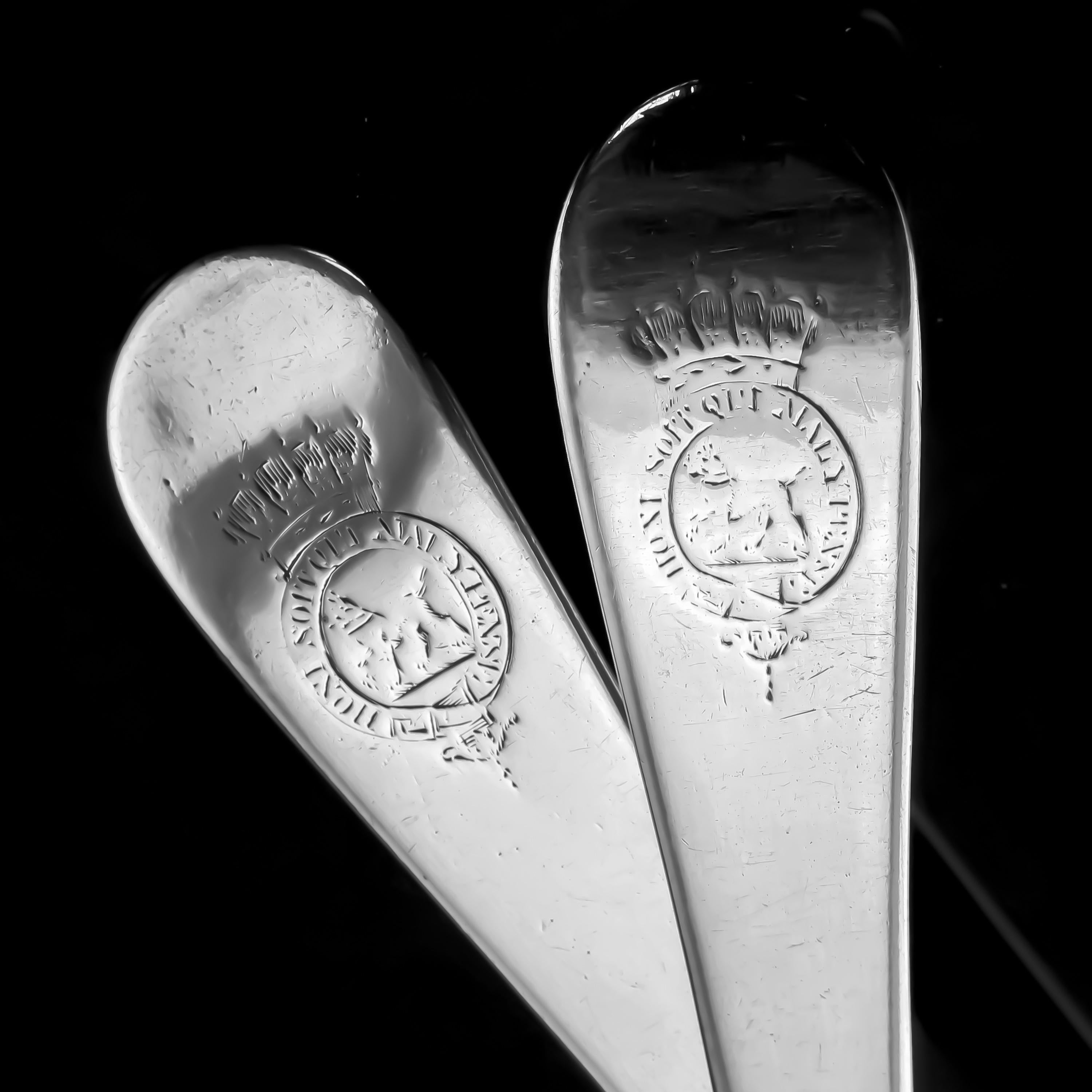 We are delighted to have acquired and be able to offer this pair of solid silver Georgian ladles, one made by Thomas Northcote & the other George Smith, London 1784/5.
 
The pair is crafted with a classic minimalist Georgian design allowing for the