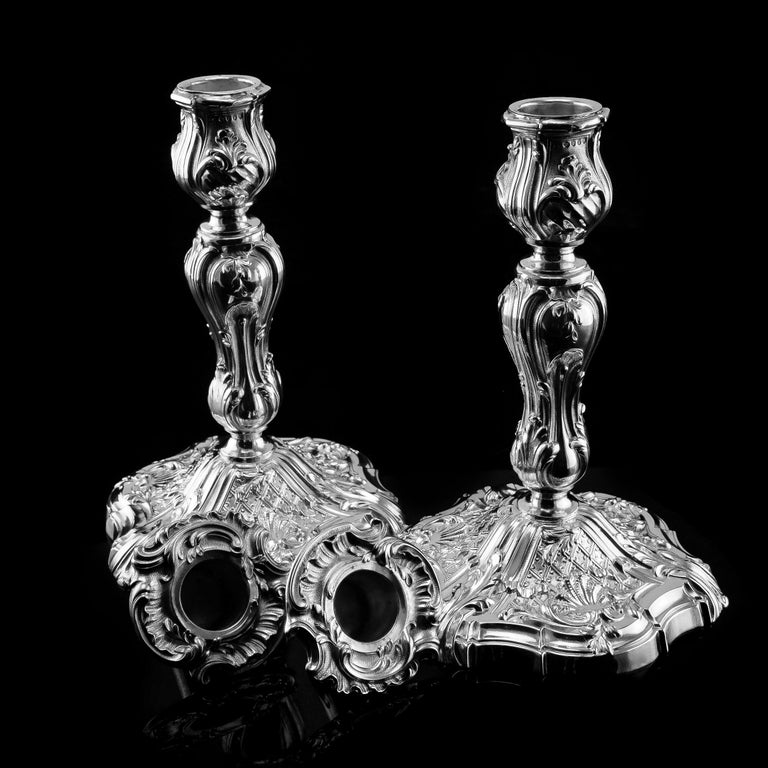 Antique Solid Silver Pair of Rococo Style Candlesticks, 1890 For Sale