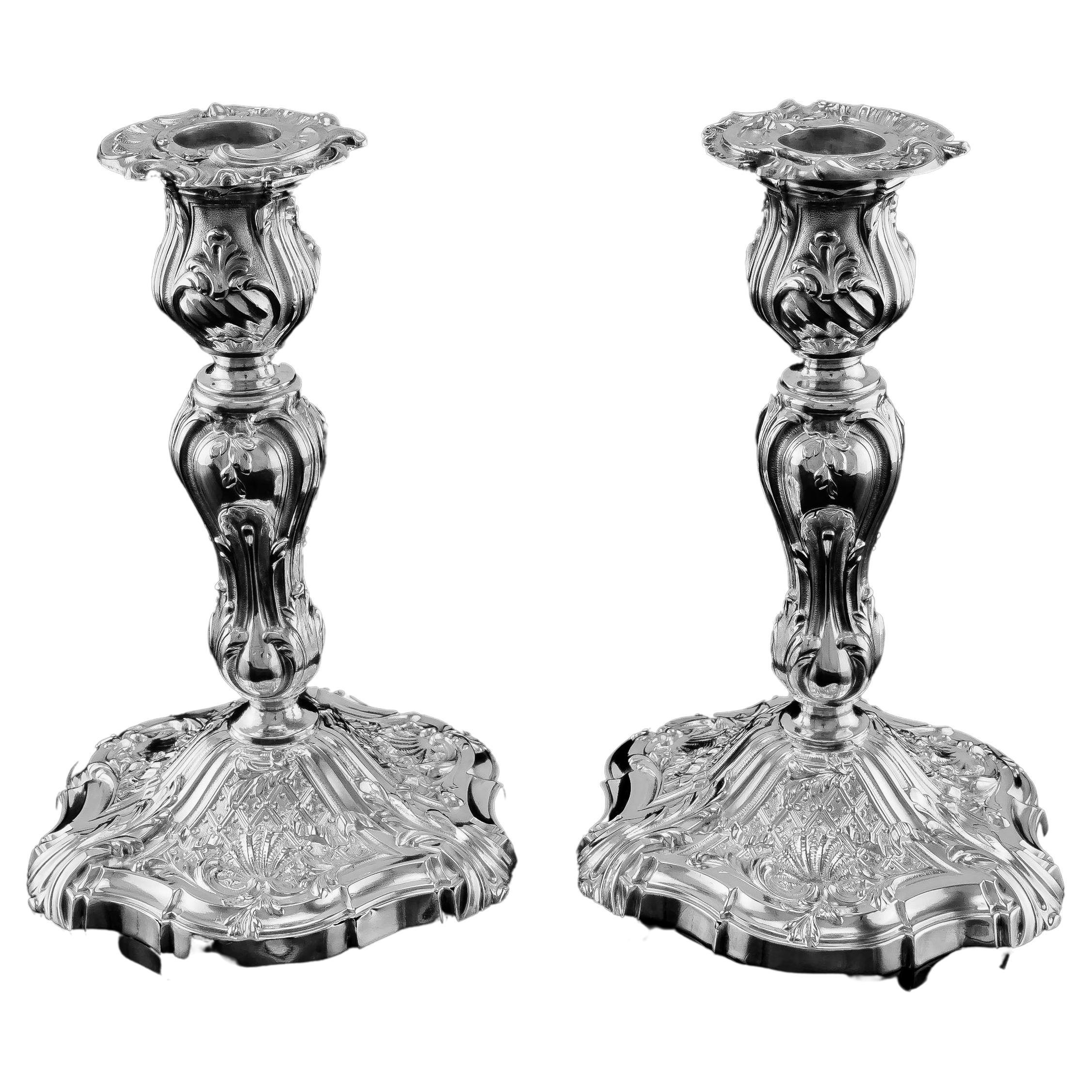 Antique Solid Silver Pair of Rococo Style Candlesticks, 1890