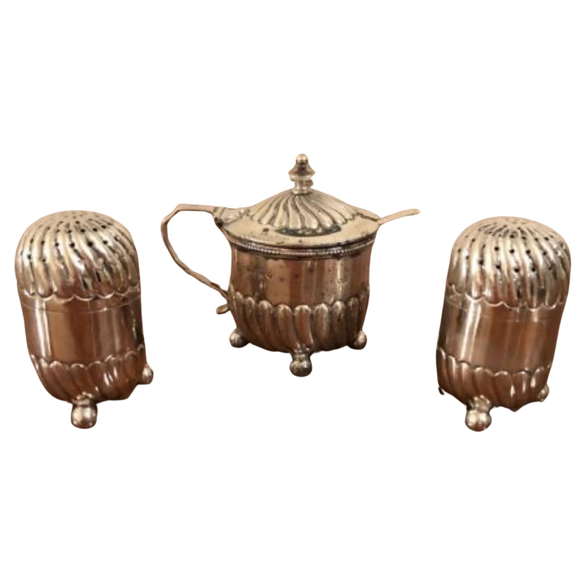 Antique Solid Silver Salt, Pepper & Mustard Pot For Sale