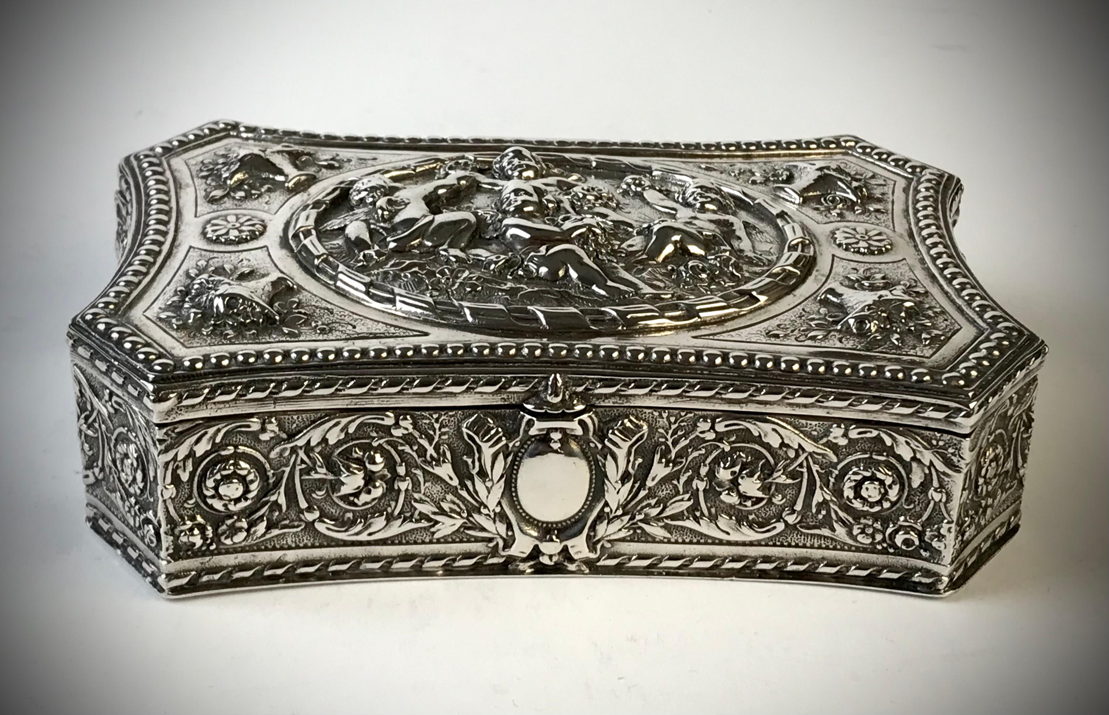 German Antique Solid Silver sterling Jewellery Box  Putti Circa 1880
