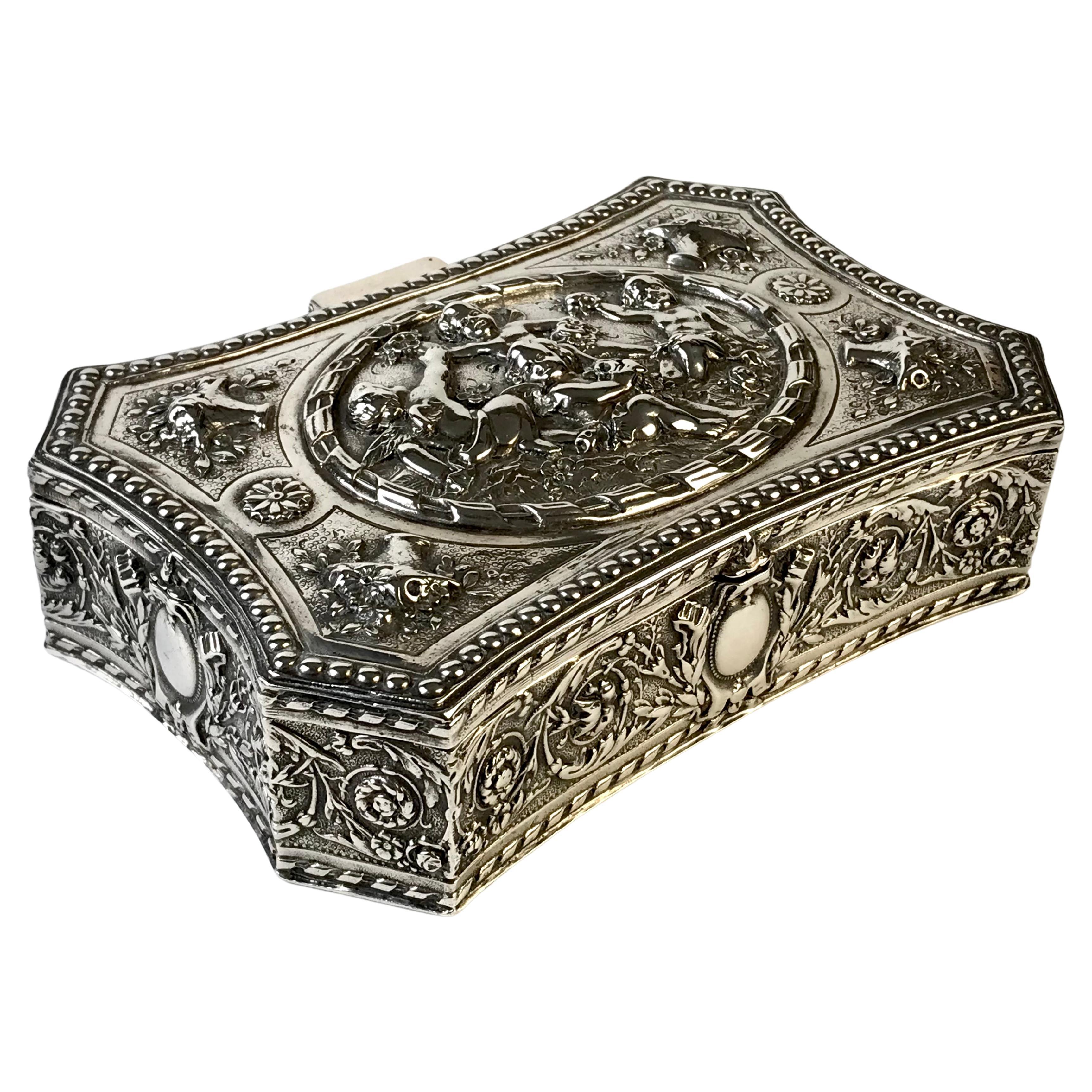 Antique Solid Silver sterling Jewellery Box  Putti Circa 1880