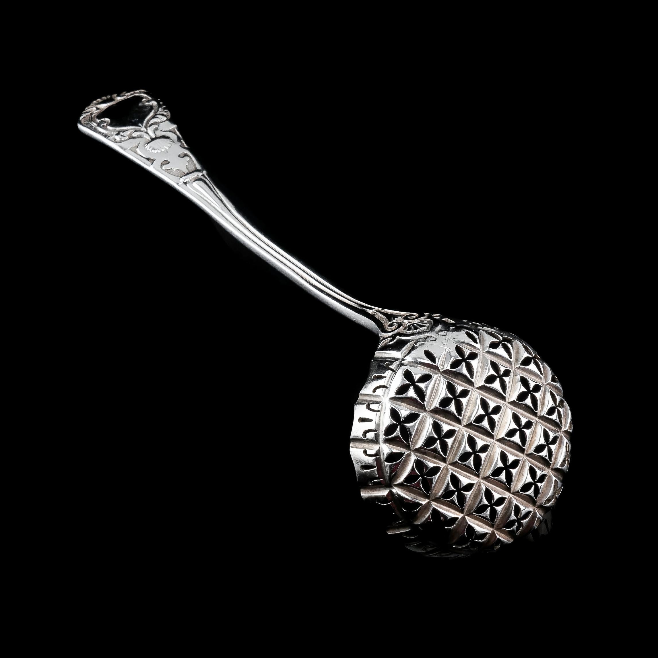 English Antique Solid Silver Sugar Sifter Spoon, Francis Higgins, 1856