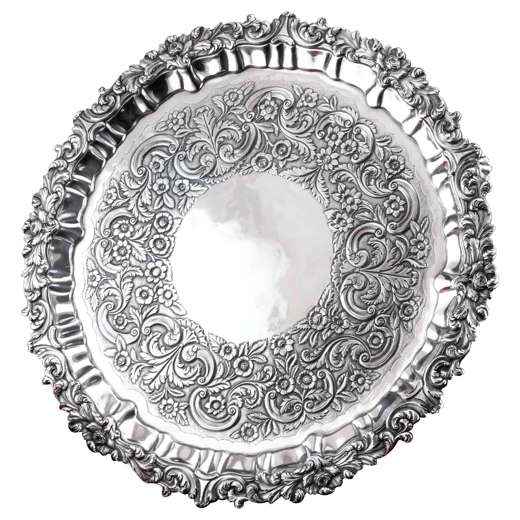 Antique Solid Silver Tray Salver (47cm) - Georgian Irish Robert W Smith 1831